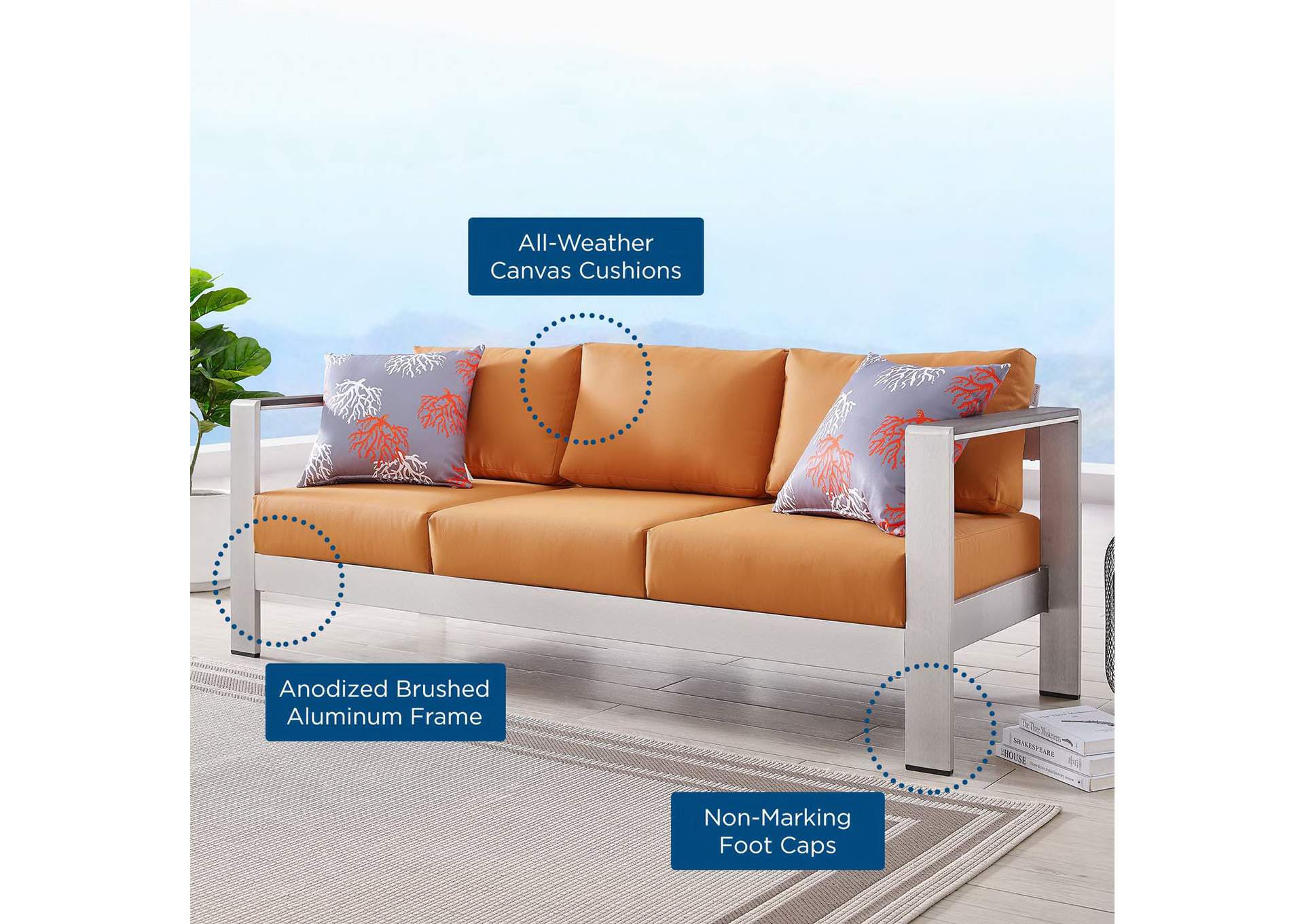 Silver Orange Shore Outdoor Patio Aluminum Sofa,Modway