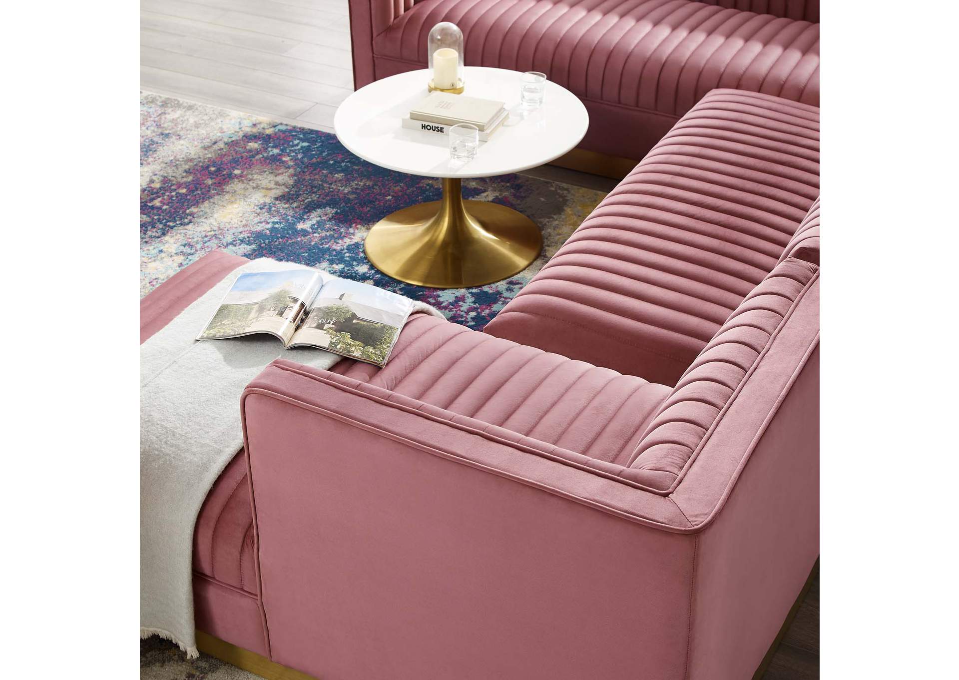 Dusty Rose Sanguine 3 Piece Performance Velvet Sectional Sofa Set,Modway