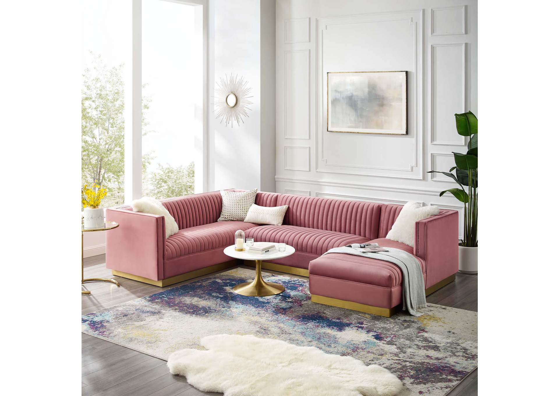 Dusty Rose Sanguine 3 Piece Performance Velvet Sectional Sofa Set,Modway