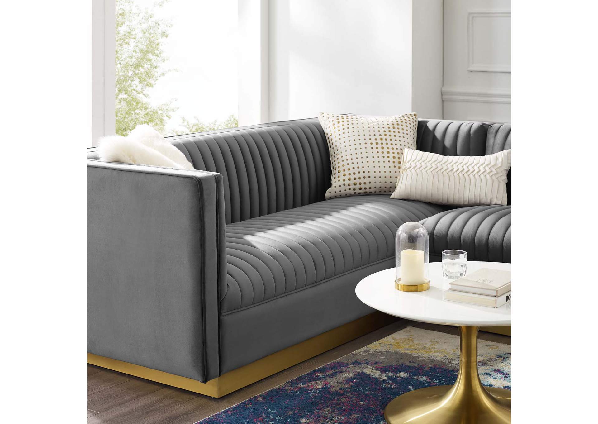 Gray Sanguine 3 Piece Performance Velvet Sectional Sofa Set,Modway