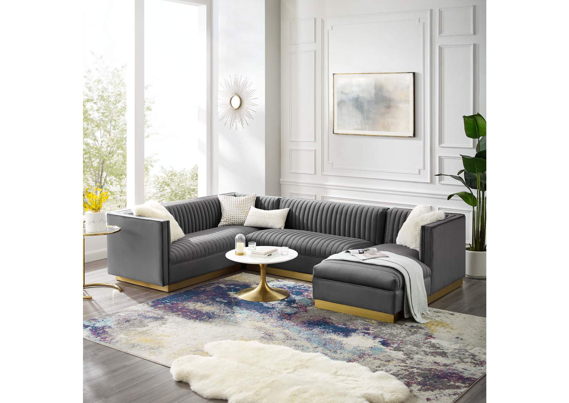 Gray Sanguine 3 Piece Performance Velvet Sectional Sofa Set,Modway