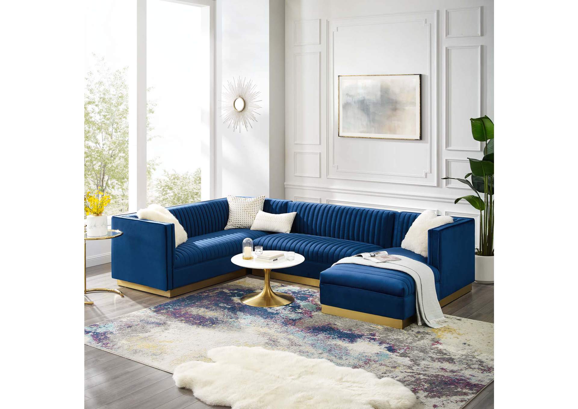 Navy Sanguine 3 Piece Performance Velvet Sectional Sofa Set,Modway