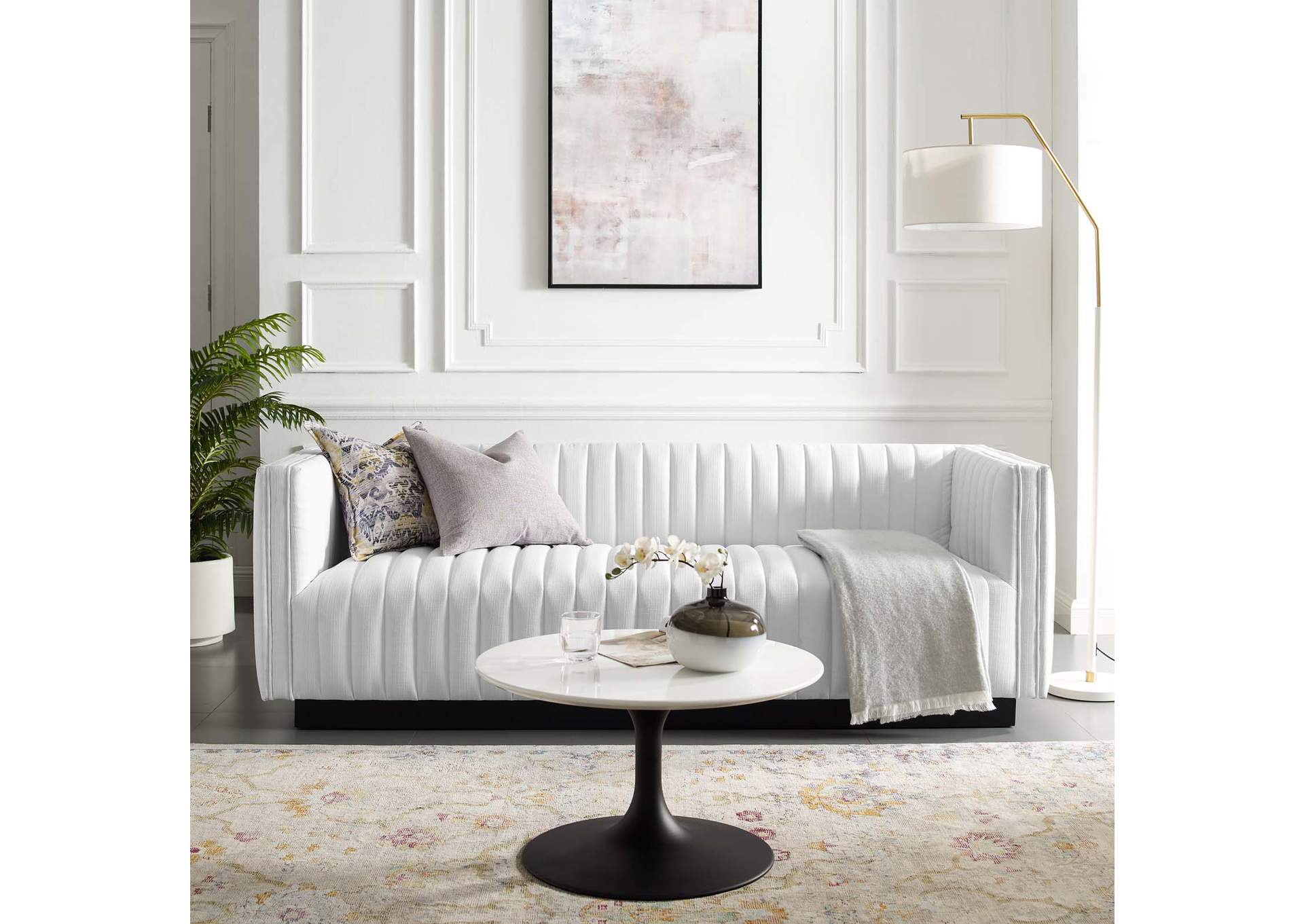 White Conjure Tufted Upholstered Fabric Sofa,Modway