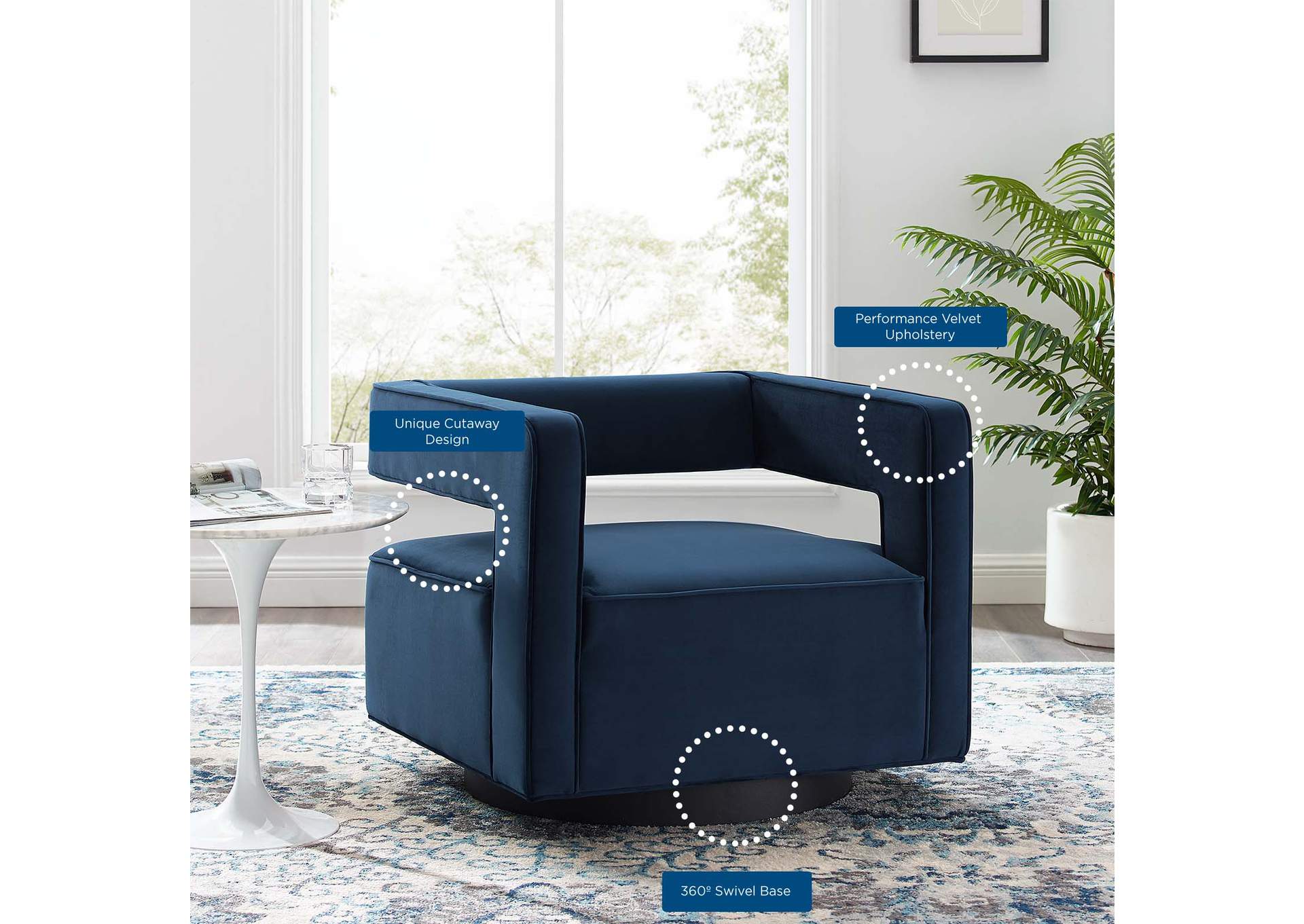 Midnight Blue Booth Performance Velvet Swivel Arm Chair,Modway