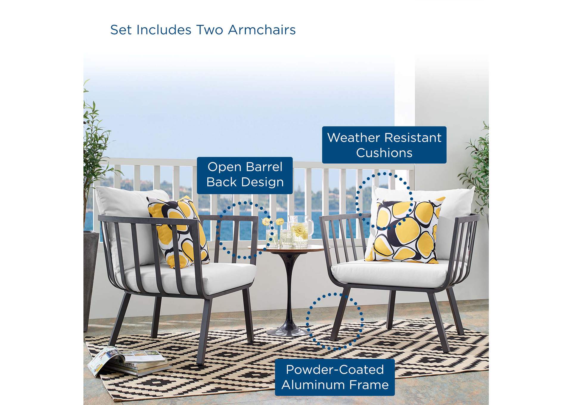 Gray White Riverside Outdoor Patio Aluminum Armchair [Set of 2],Modway