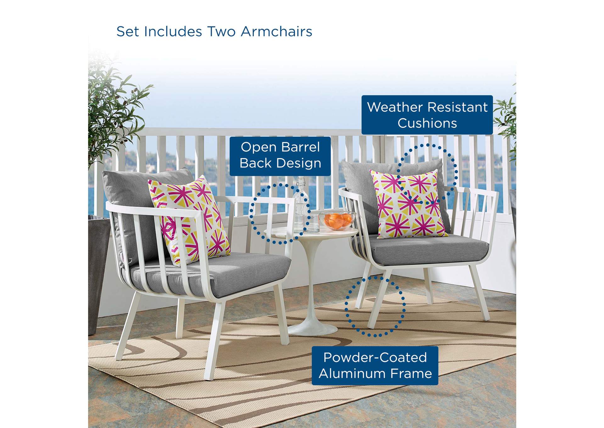 White Gray Riverside Outdoor Patio Aluminum Armchair [Set of 2],Modway