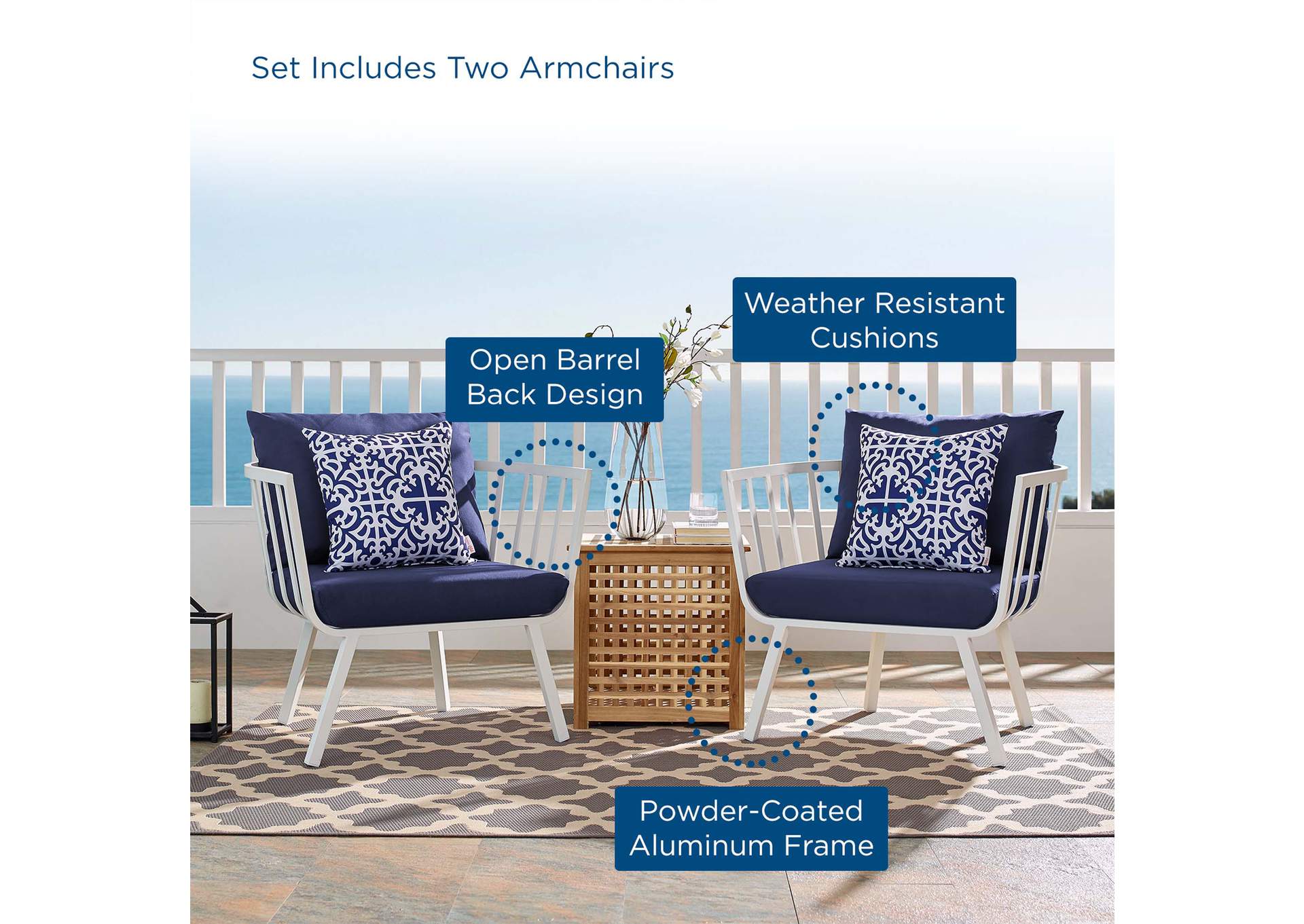 White Navy Riverside Outdoor Patio Aluminum Armchair [Set of 2],Modway