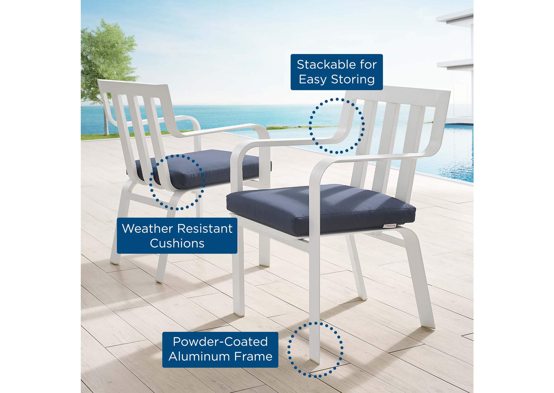 White Navy Baxley Outdoor Patio Aluminum Armchair [Set of 2],Modway