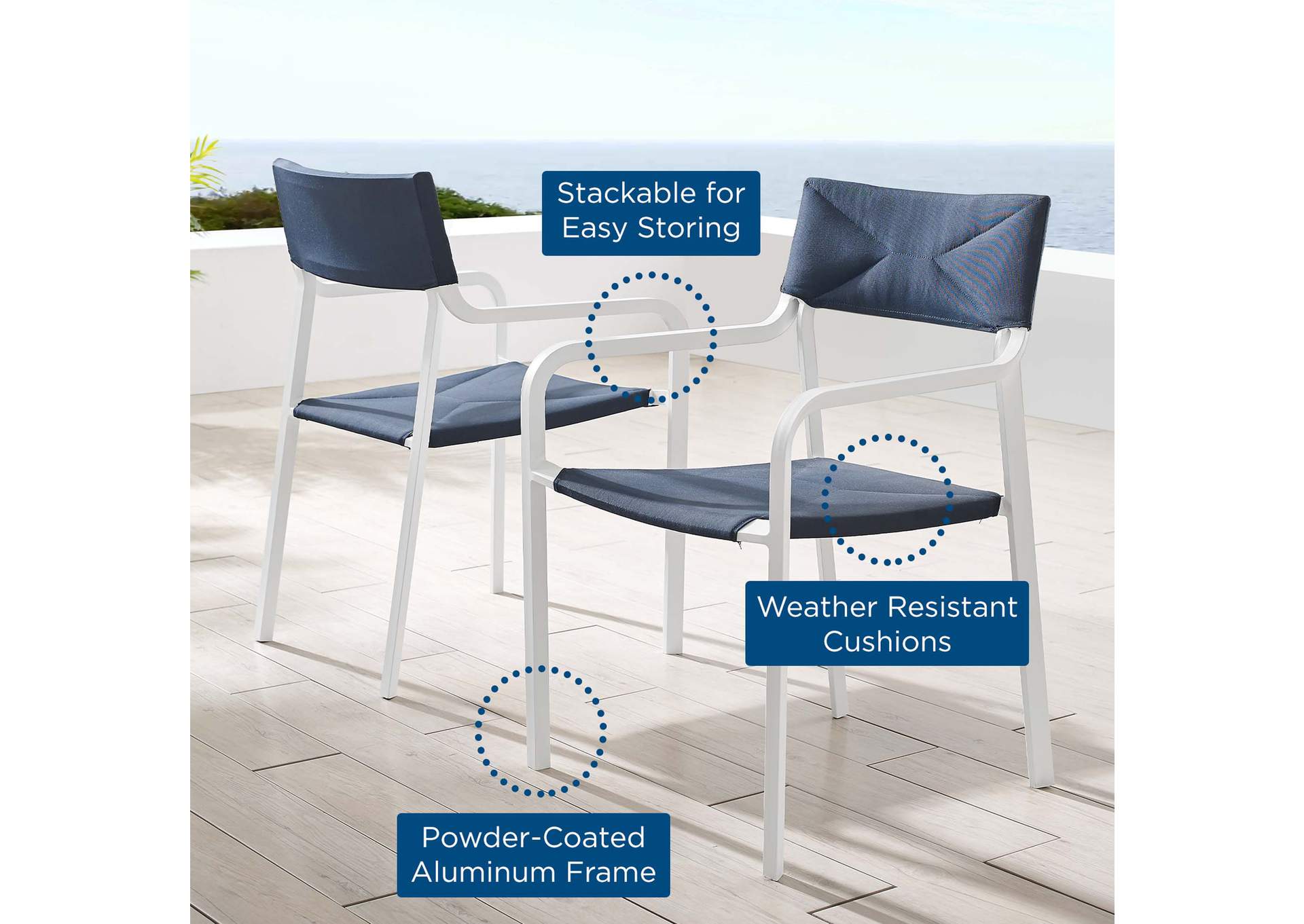 White Navy Raleigh Outdoor Patio Aluminum Armchair [Set of 2],Modway