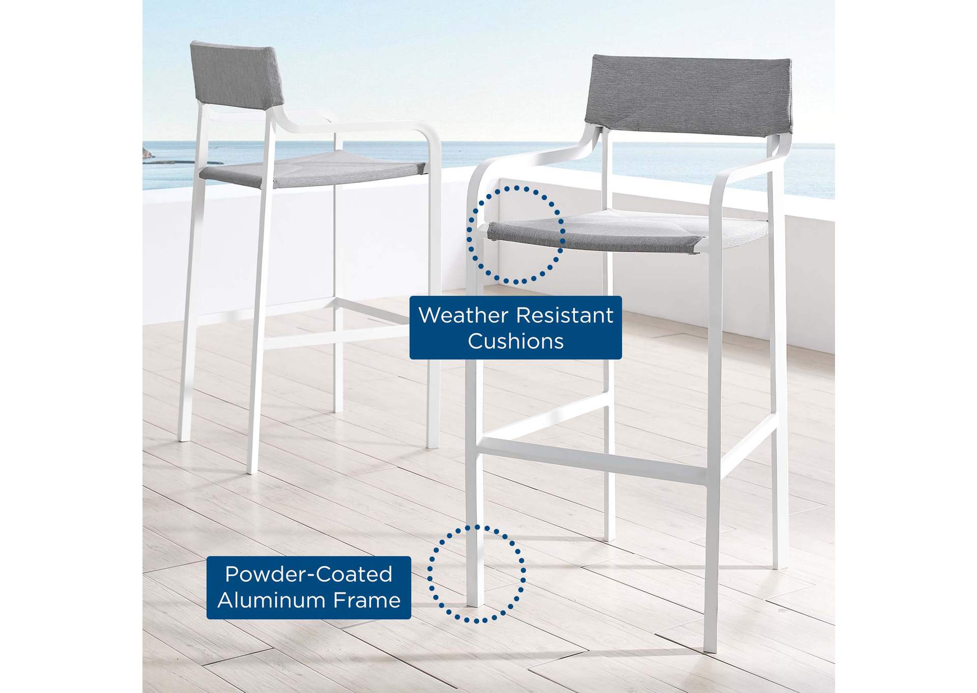 Raleigh White Gray Outdoor Patio Aluminum Bar Stool [Set of 2],Modway