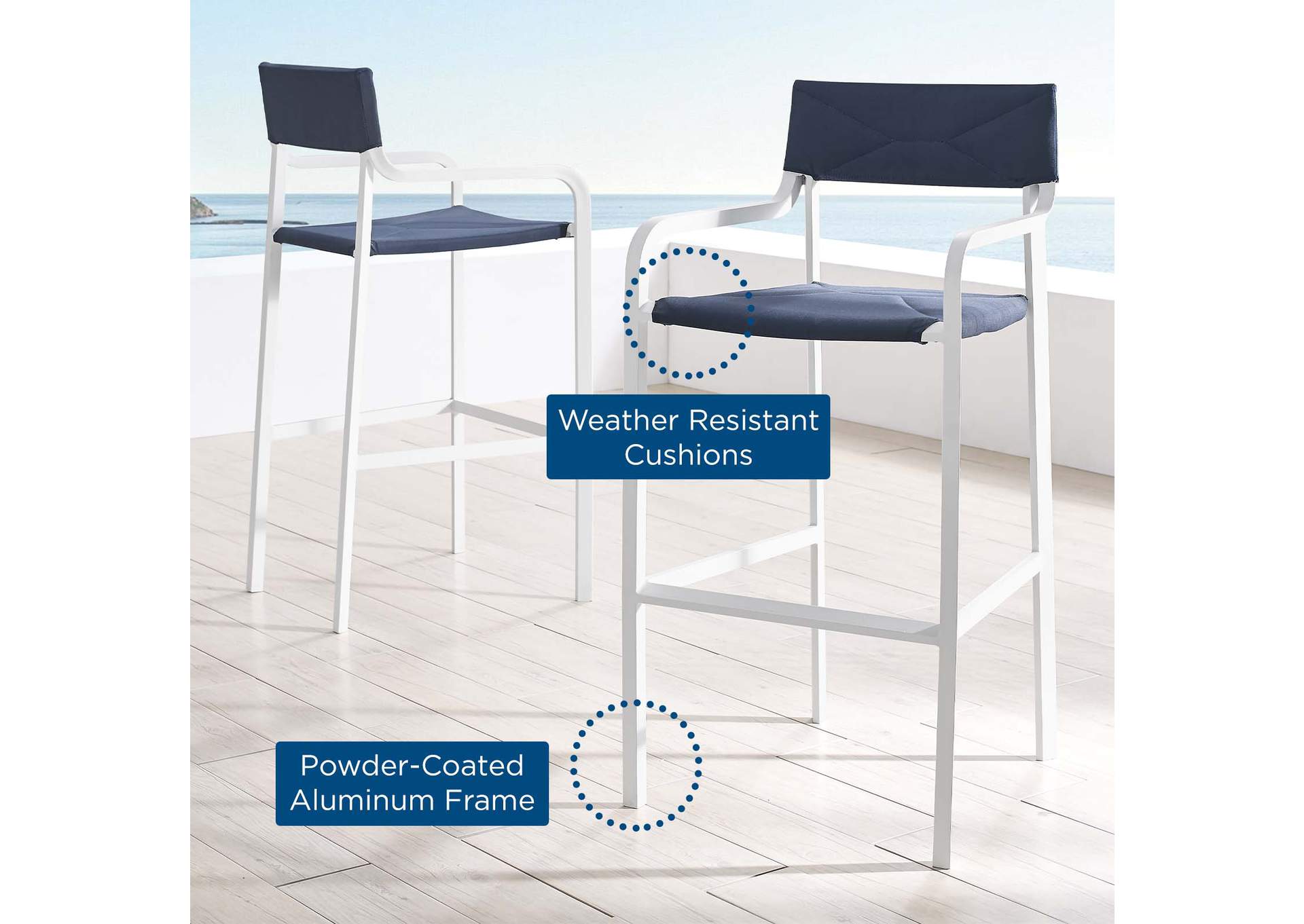 White Navy Raleigh Outdoor Patio Aluminum Bar Stool [Set of 2],Modway