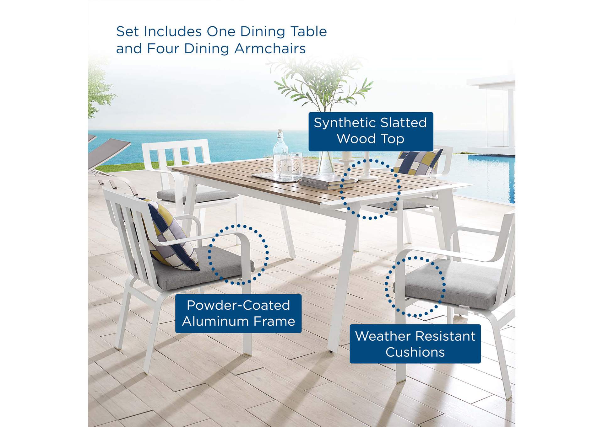 White Gray Baxley 5 Piece Outdoor Patio Aluminum Dining Set,Modway