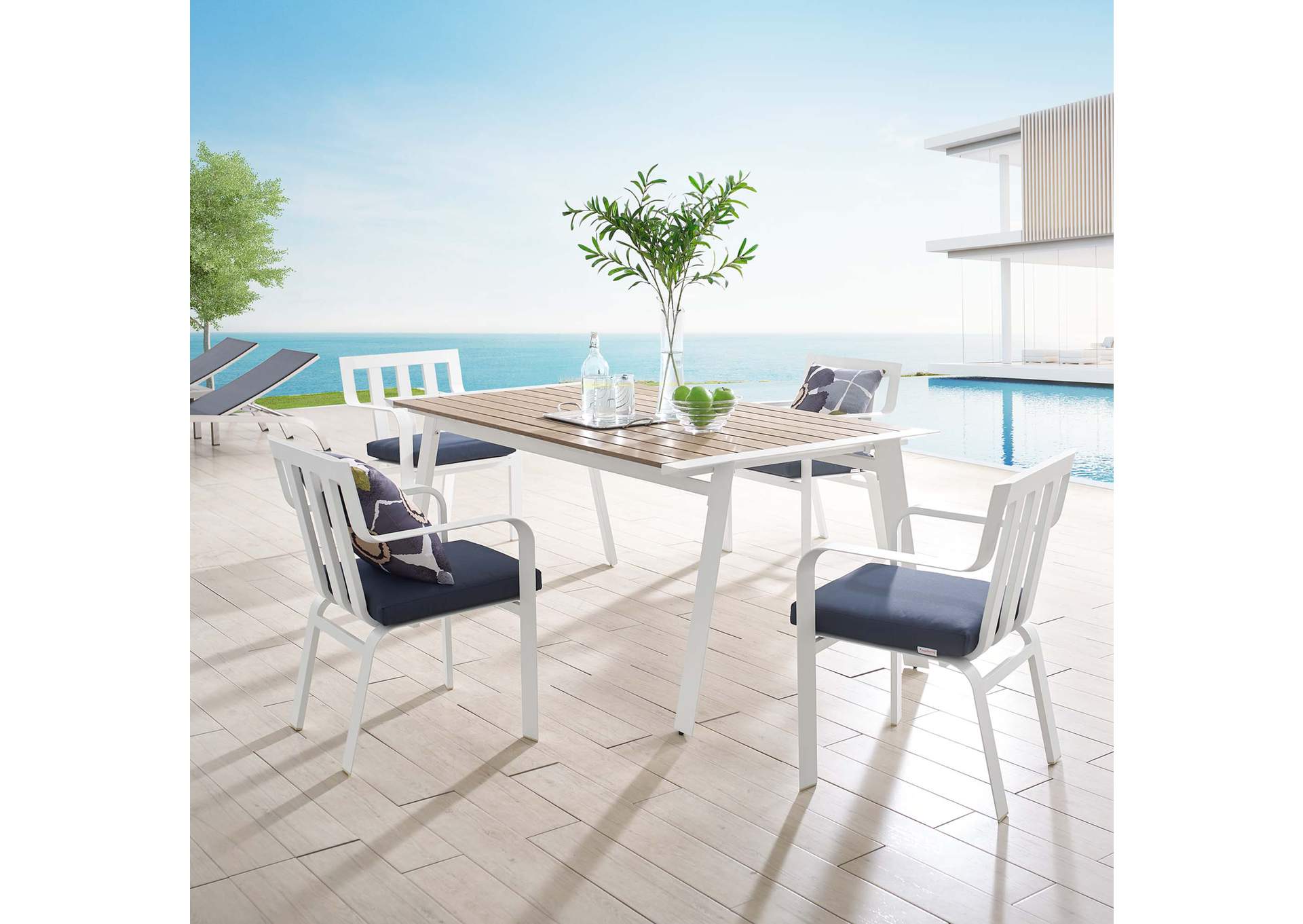 White Navy Baxley 5 Piece Outdoor Patio Aluminum Dining Set,Modway