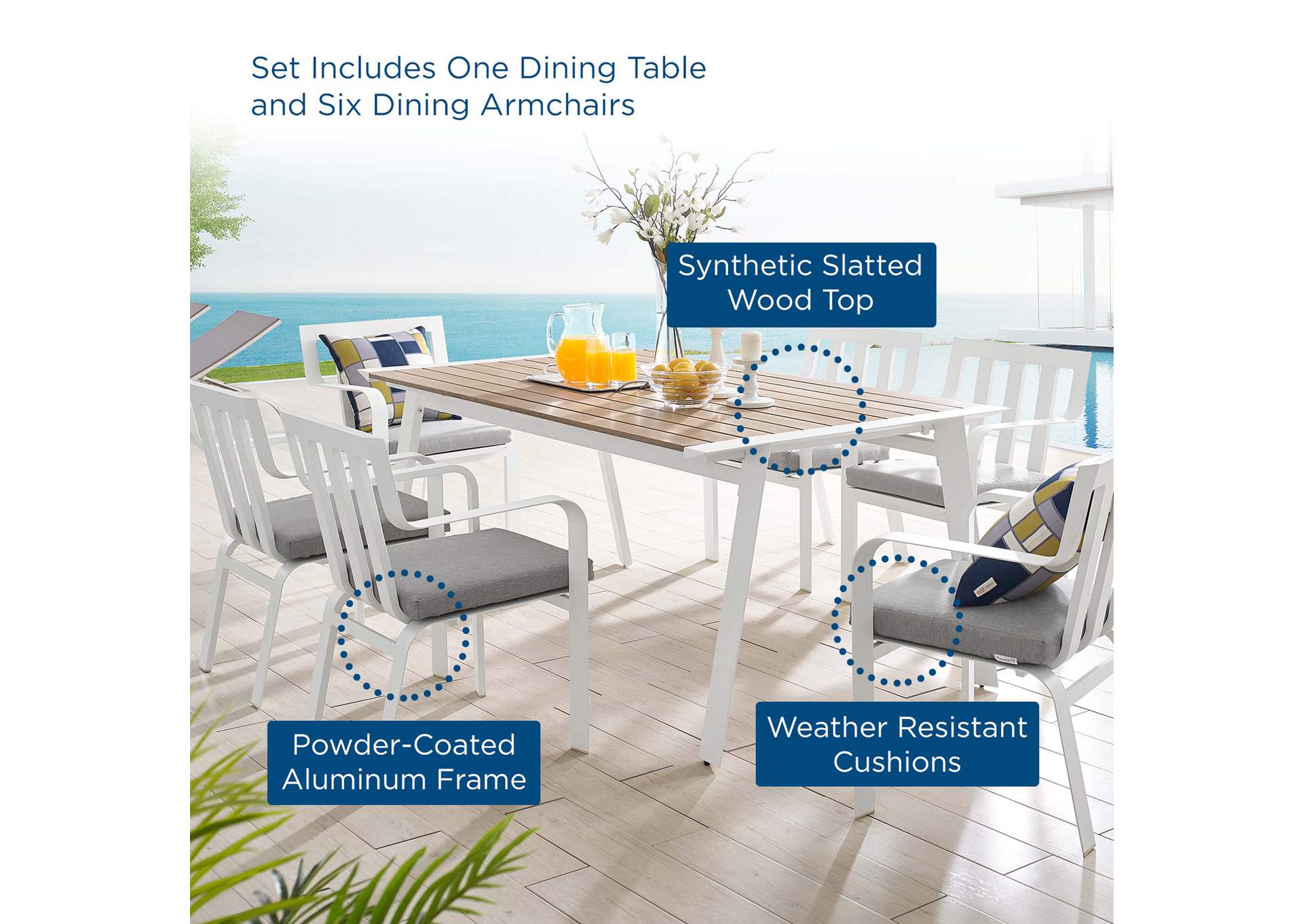 White Gray Baxley 7 Piece Outdoor Patio Aluminum Dining Set,Modway