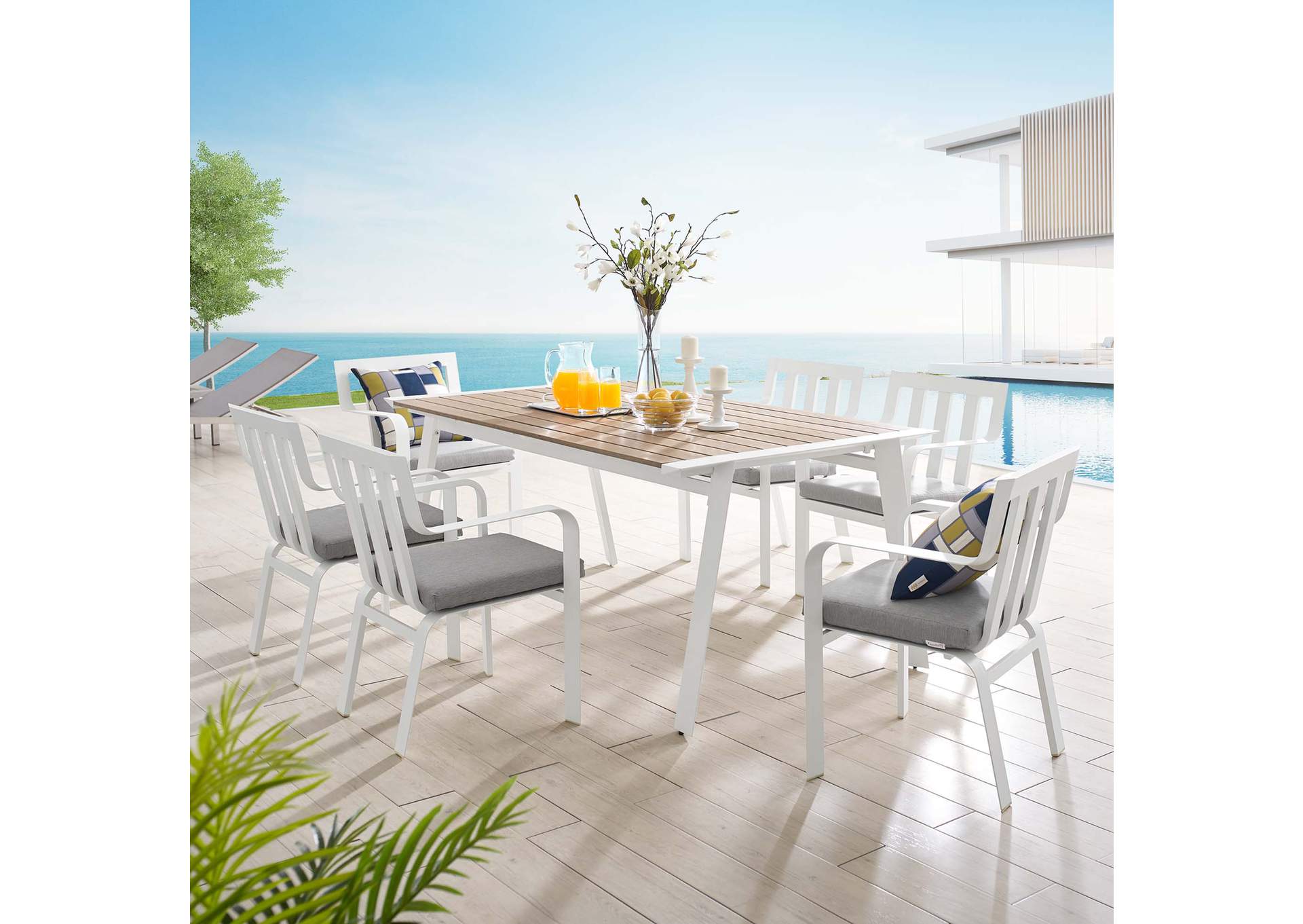 White Gray Baxley 7 Piece Outdoor Patio Aluminum Dining Set,Modway
