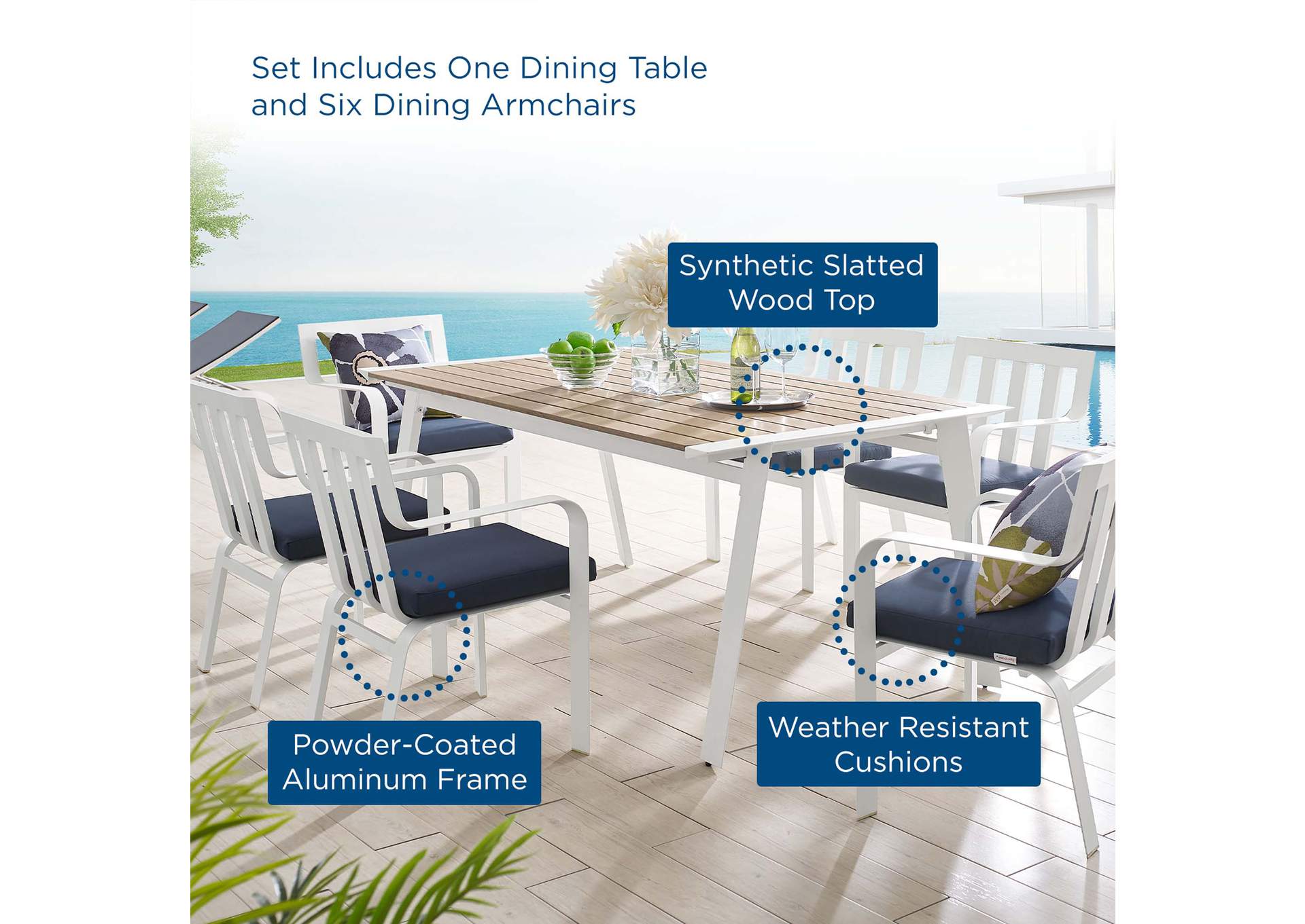 White Navy Baxley 7 Piece Outdoor Patio Aluminum Dining Set,Modway