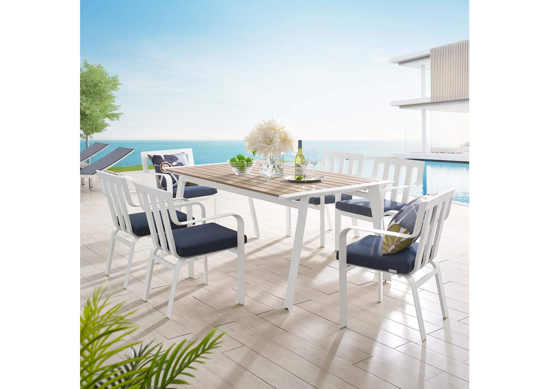White Navy Baxley 7 Piece Outdoor Patio Aluminum Dining Set,Modway