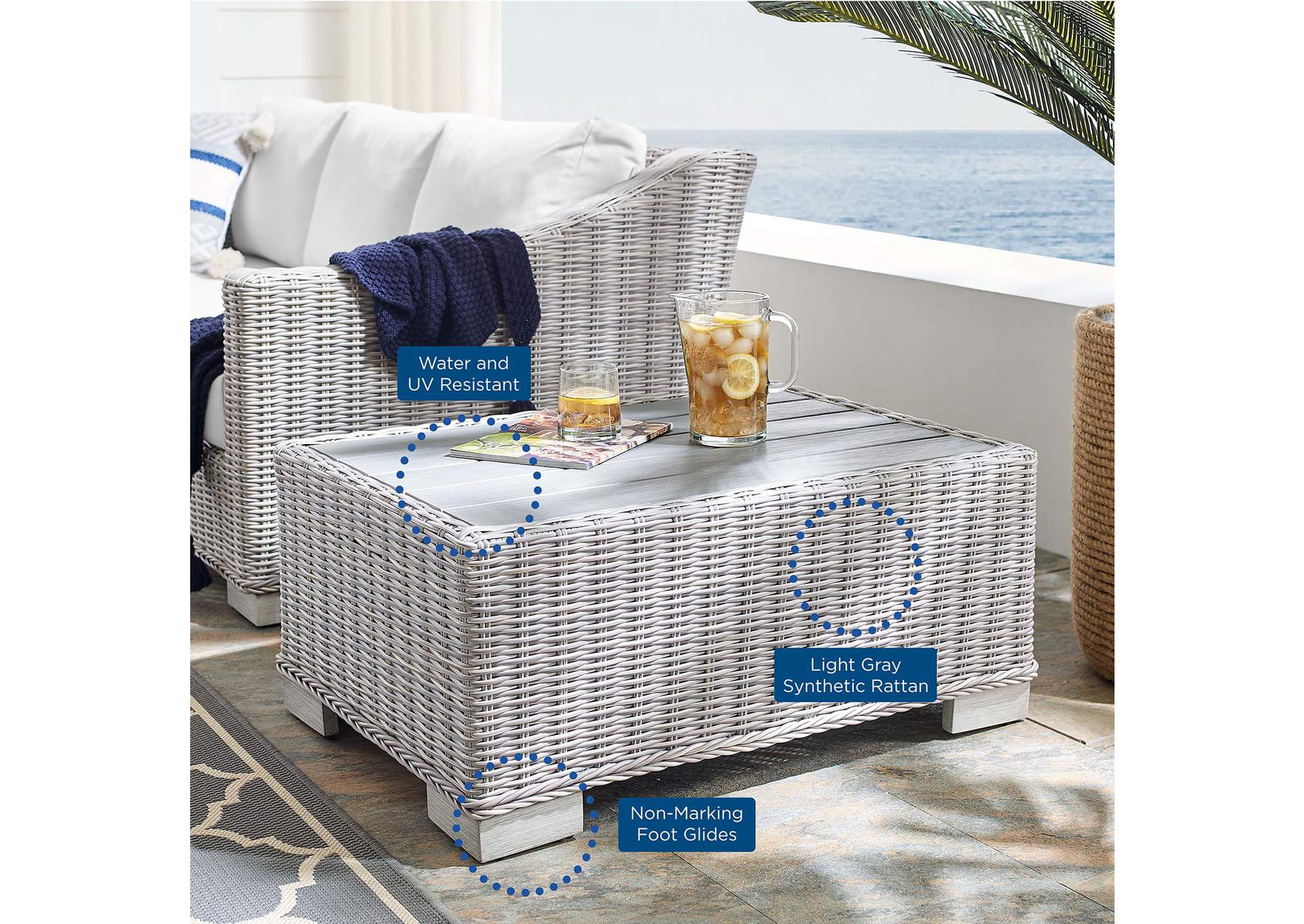 Light Gray Conway 32" Outdoor Patio Wicker Rattan Coffee Table,Modway