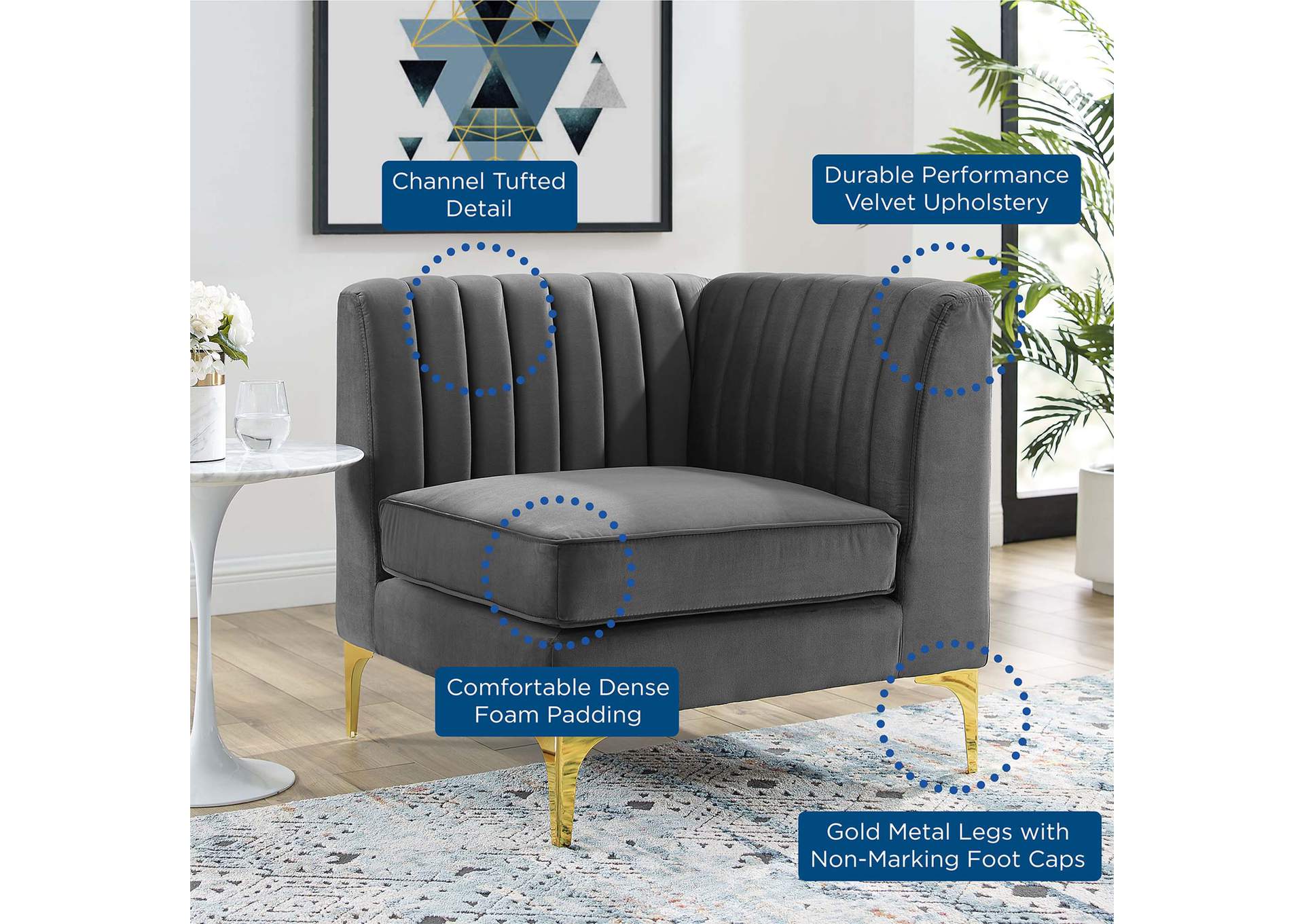 Gray Triumph Channel Tufted Performance Velvet Sectional Sofa Corner Chair,Modway