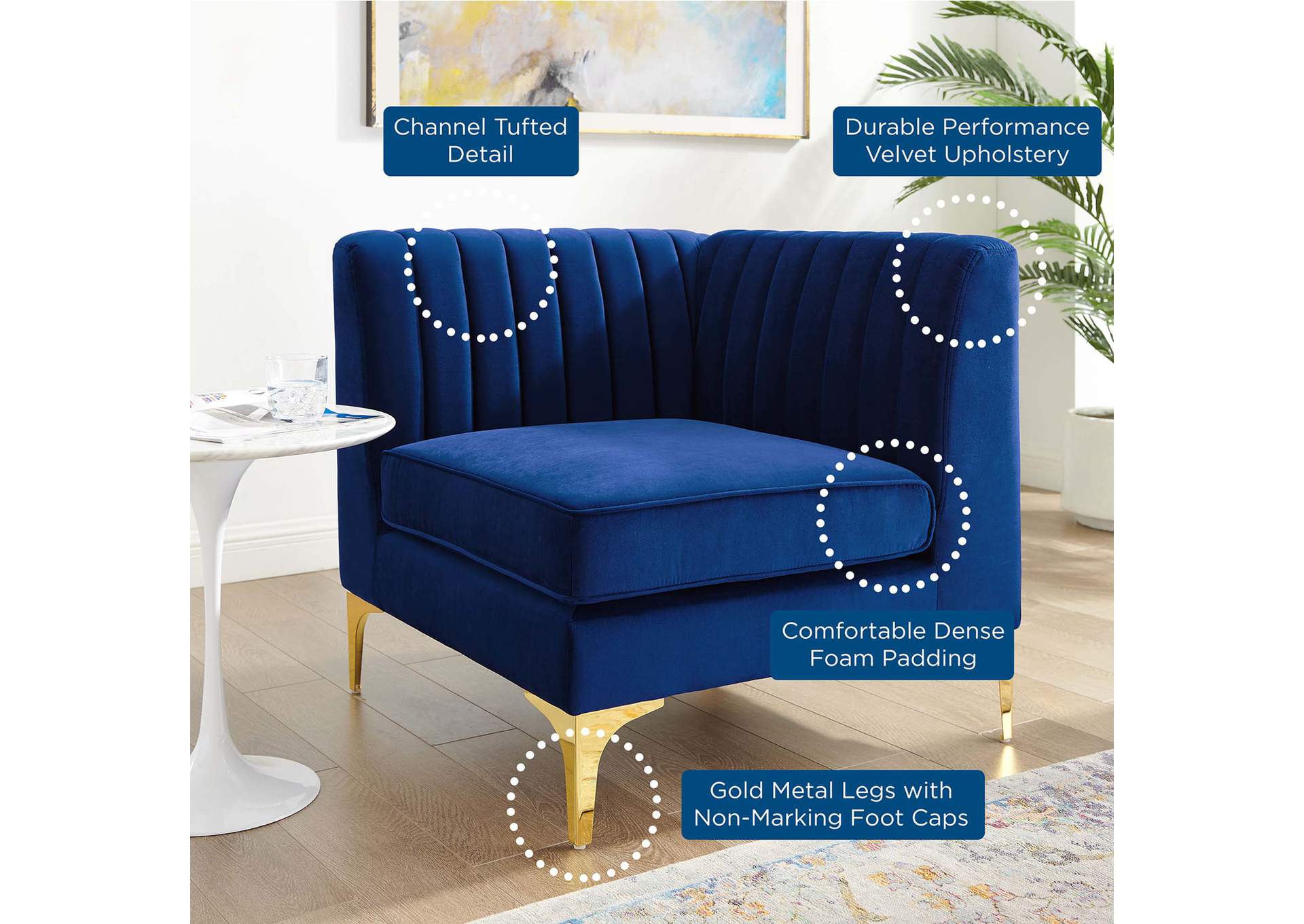 Navy Triumph Channel Tufted Performance Velvet Sectional Sofa Corner Chair,Modway