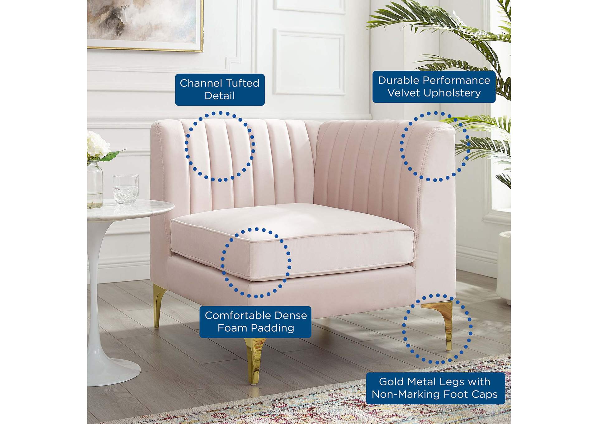 Pink Triumph Channel Tufted Performance Velvet Sectional Sofa Corner Chair,Modway