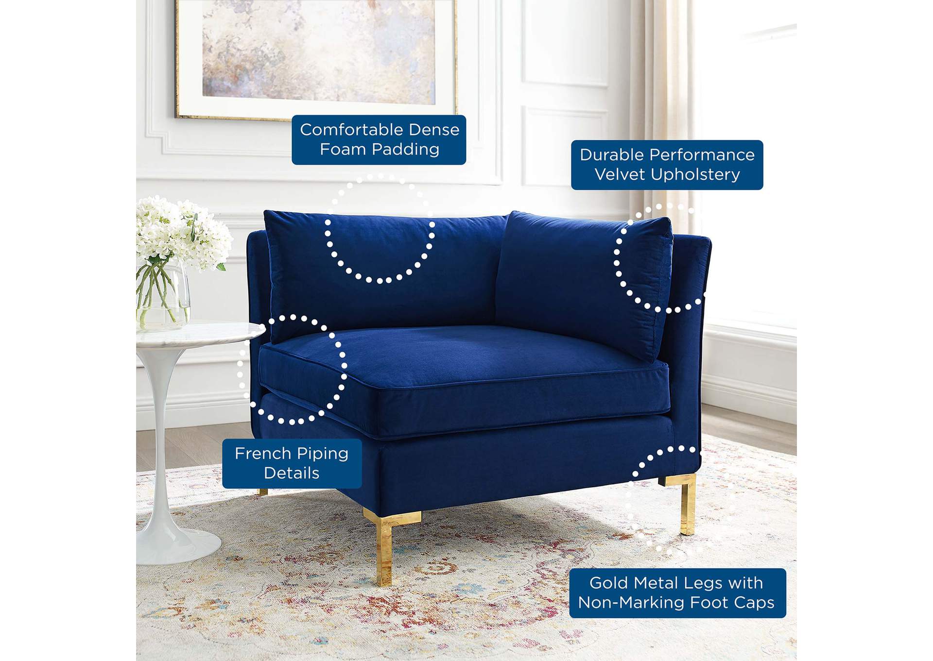Navy Ardent Performance Velvet Sectional Sofa Corner Chair,Modway