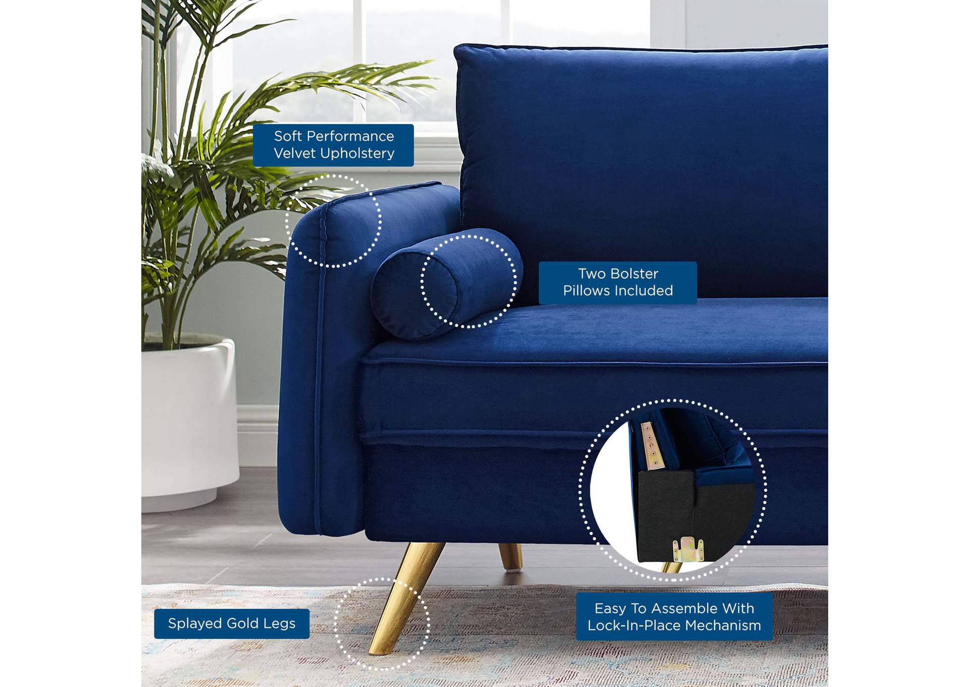 Navy Revive Performance Velvet Sofa,Modway