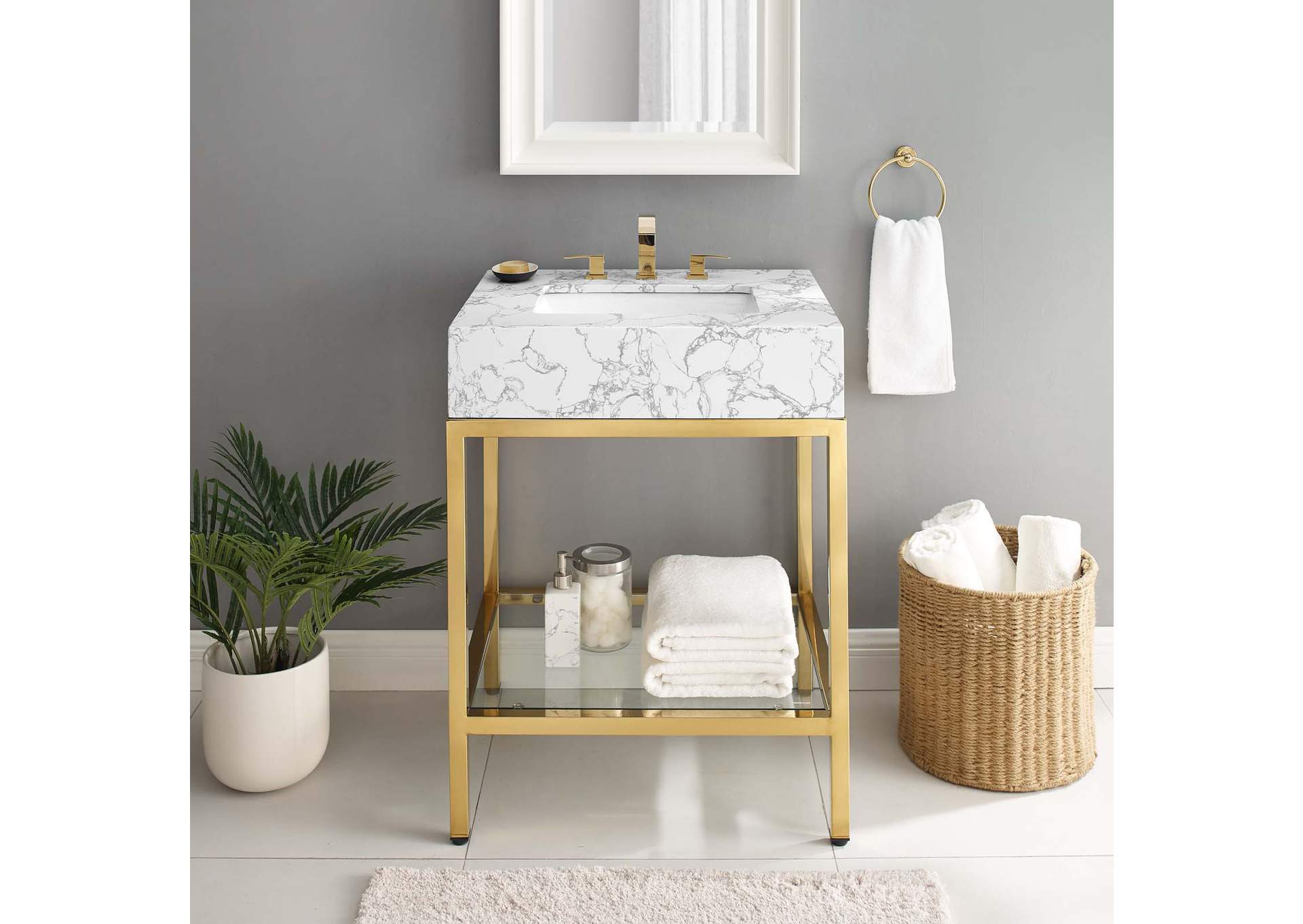 Gold White Kingsley 26" Gold Stainless Steel Bathroom Vanity,Modway