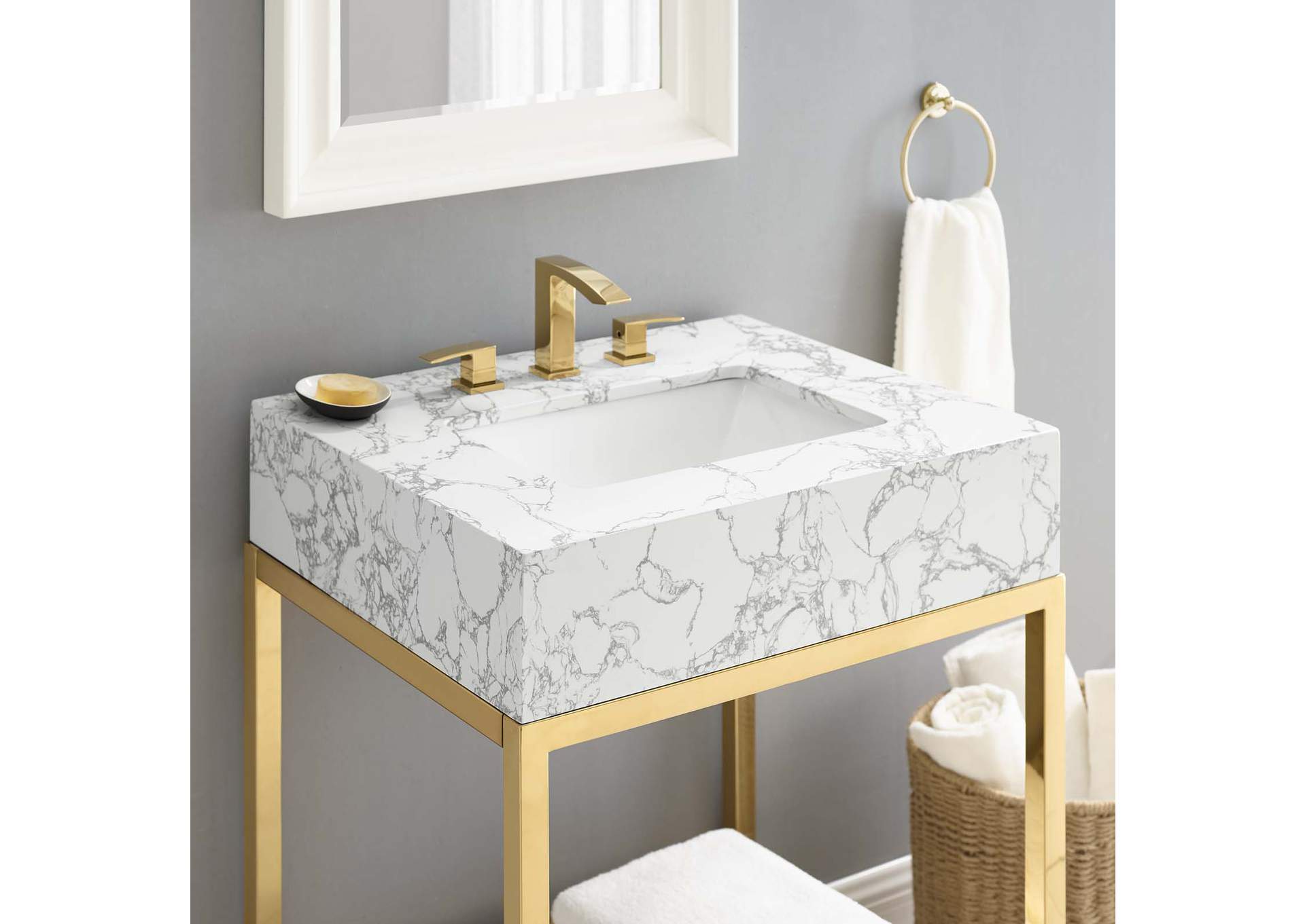 Gold White Kingsley 26" Gold Stainless Steel Bathroom Vanity,Modway