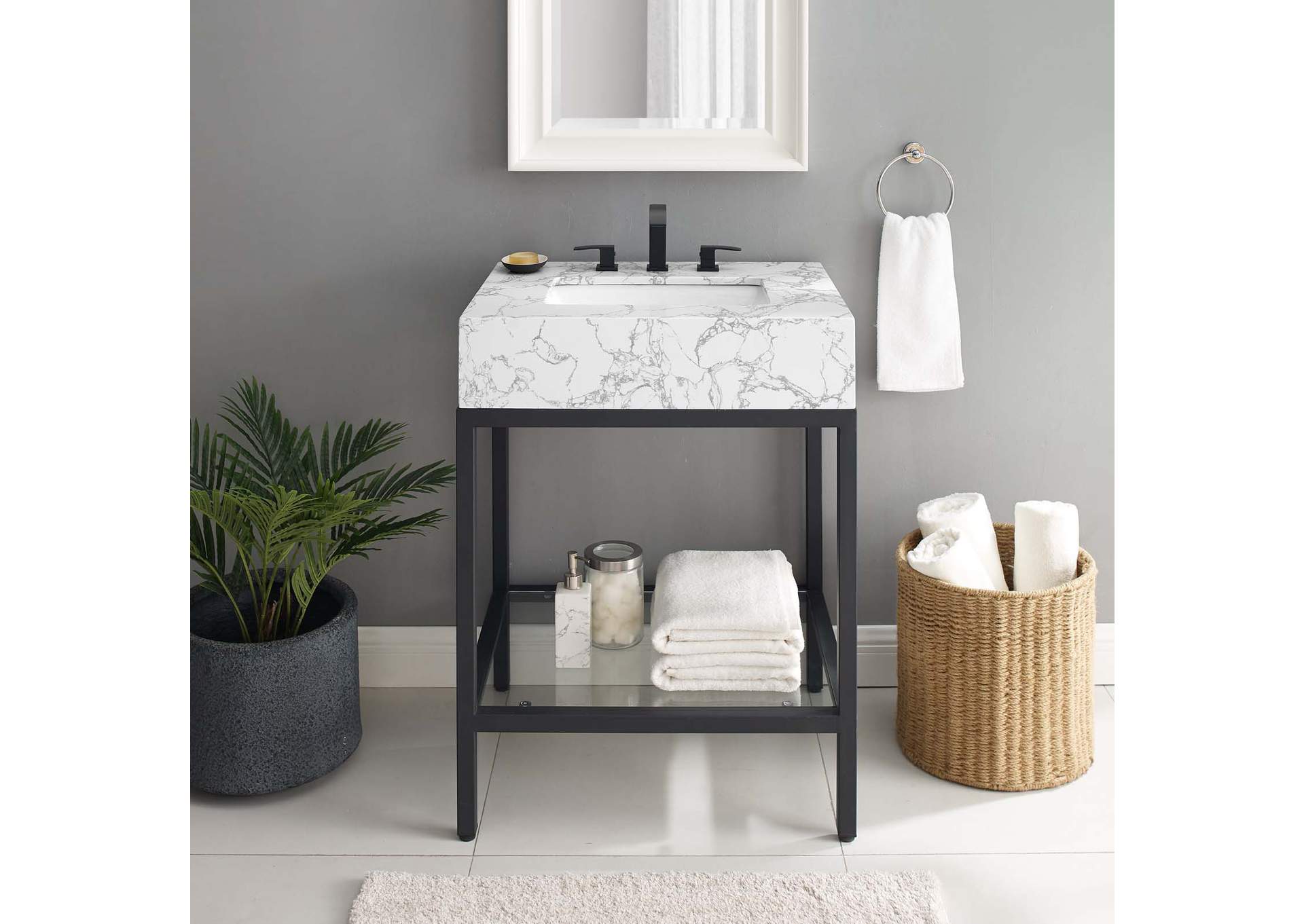 Black White Kingsley 26" Black Stainless Steel Bathroom Vanity,Modway