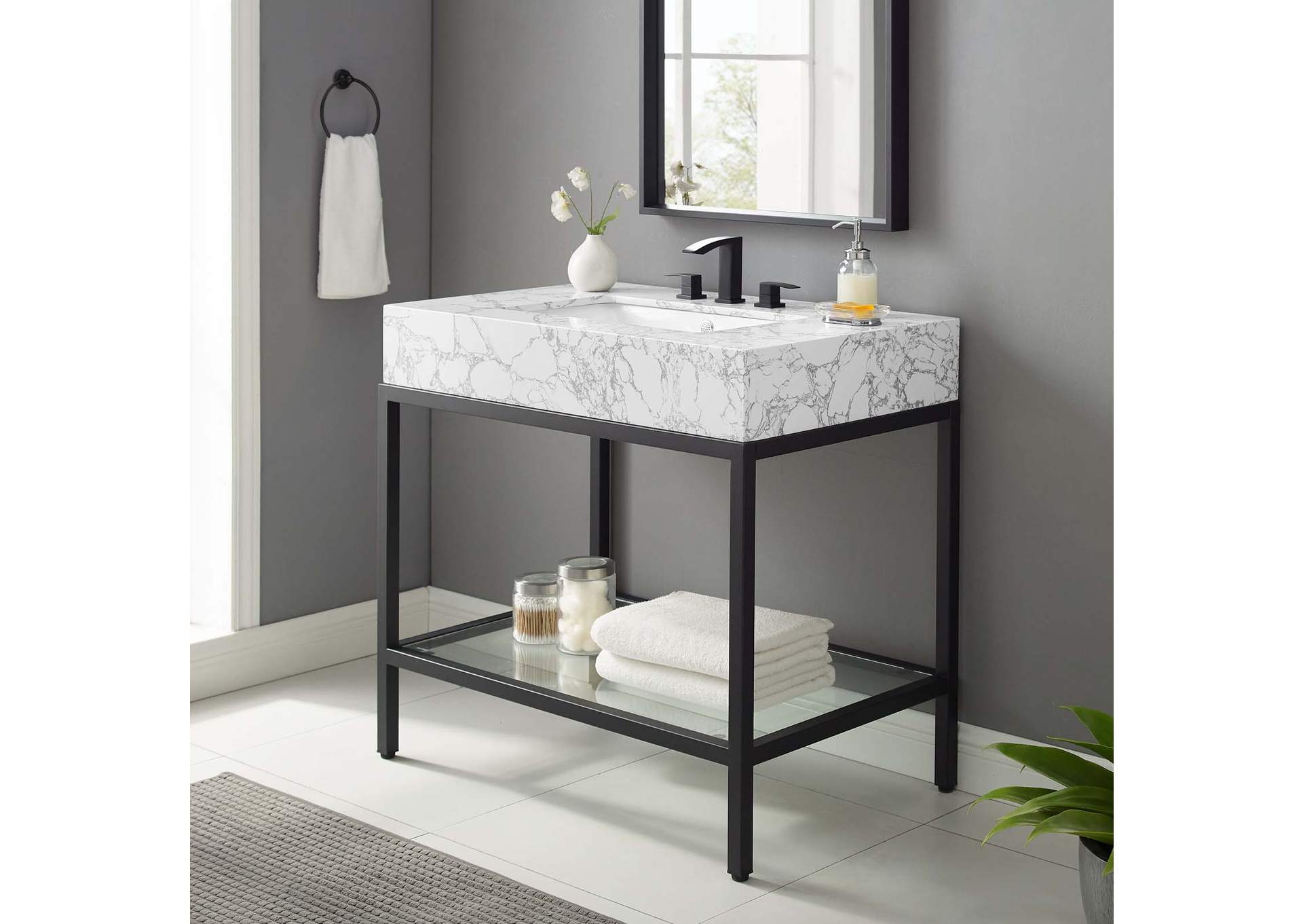 Black White Kingsley 36" Black Stainless Steel Bathroom Vanity,Modway