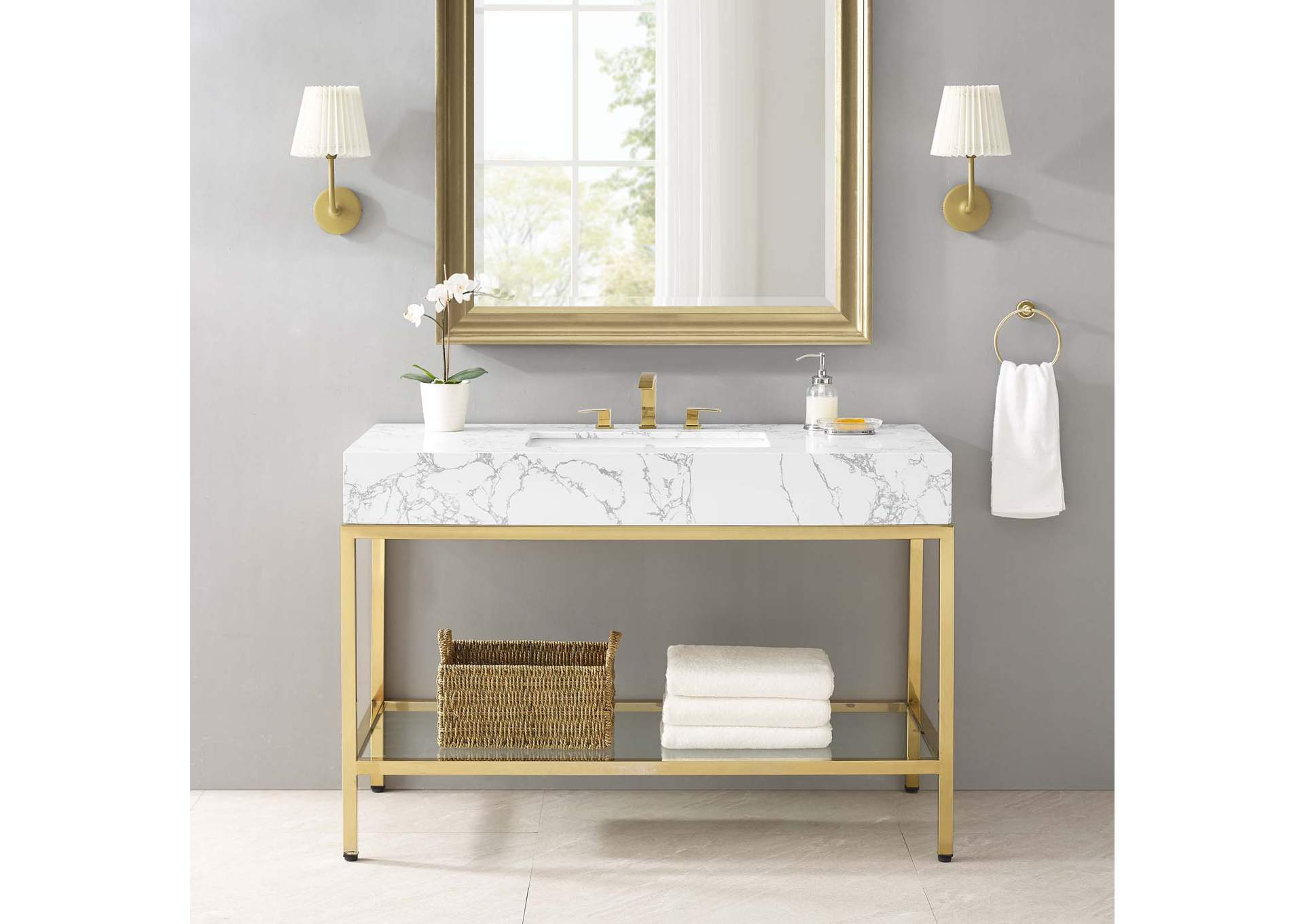 Gold White Kingsley 50" Gold Stainless Steel Bathroom Vanity,Modway