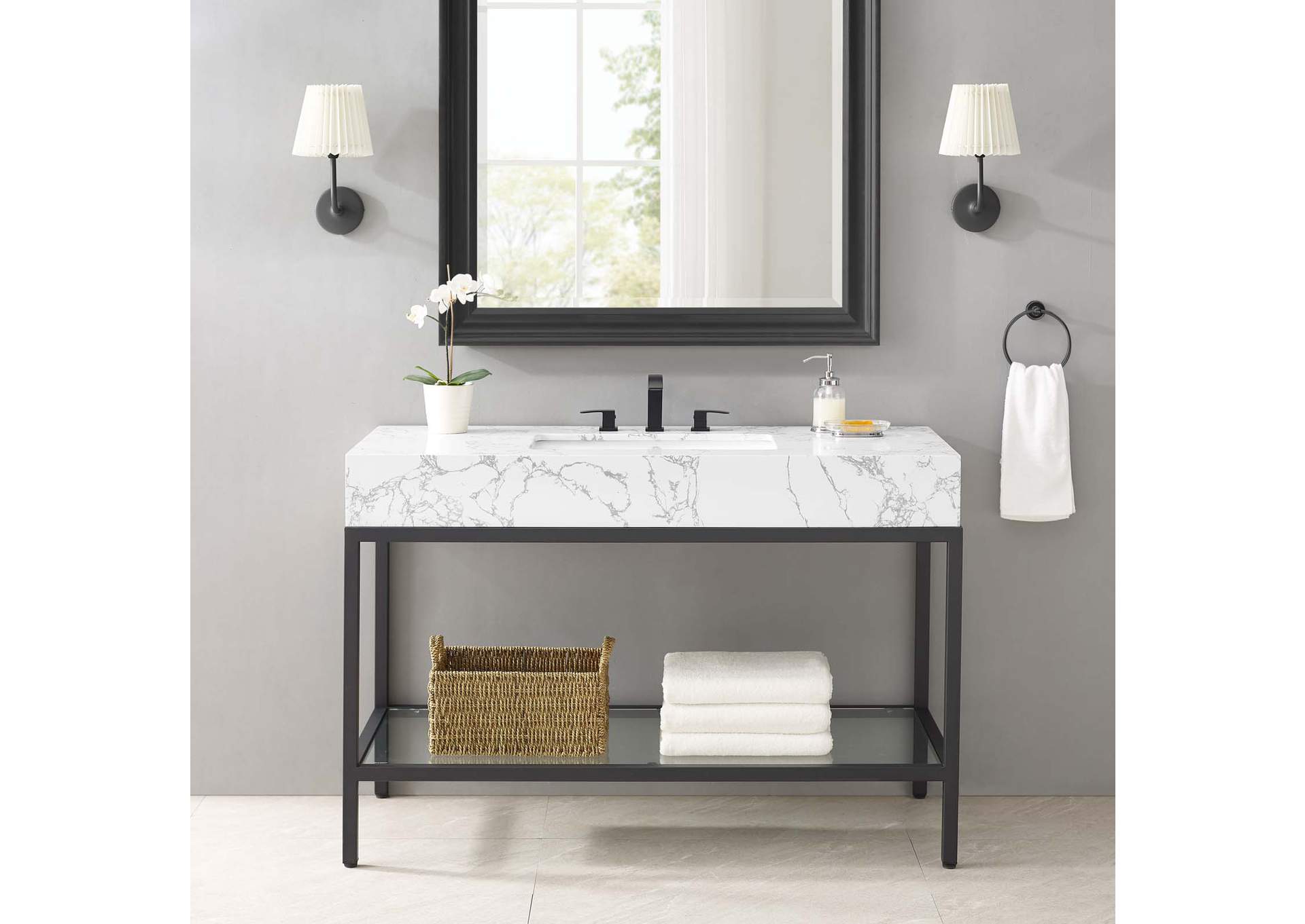Black White Kingsley 50" Black Stainless Steel Bathroom Vanity,Modway
