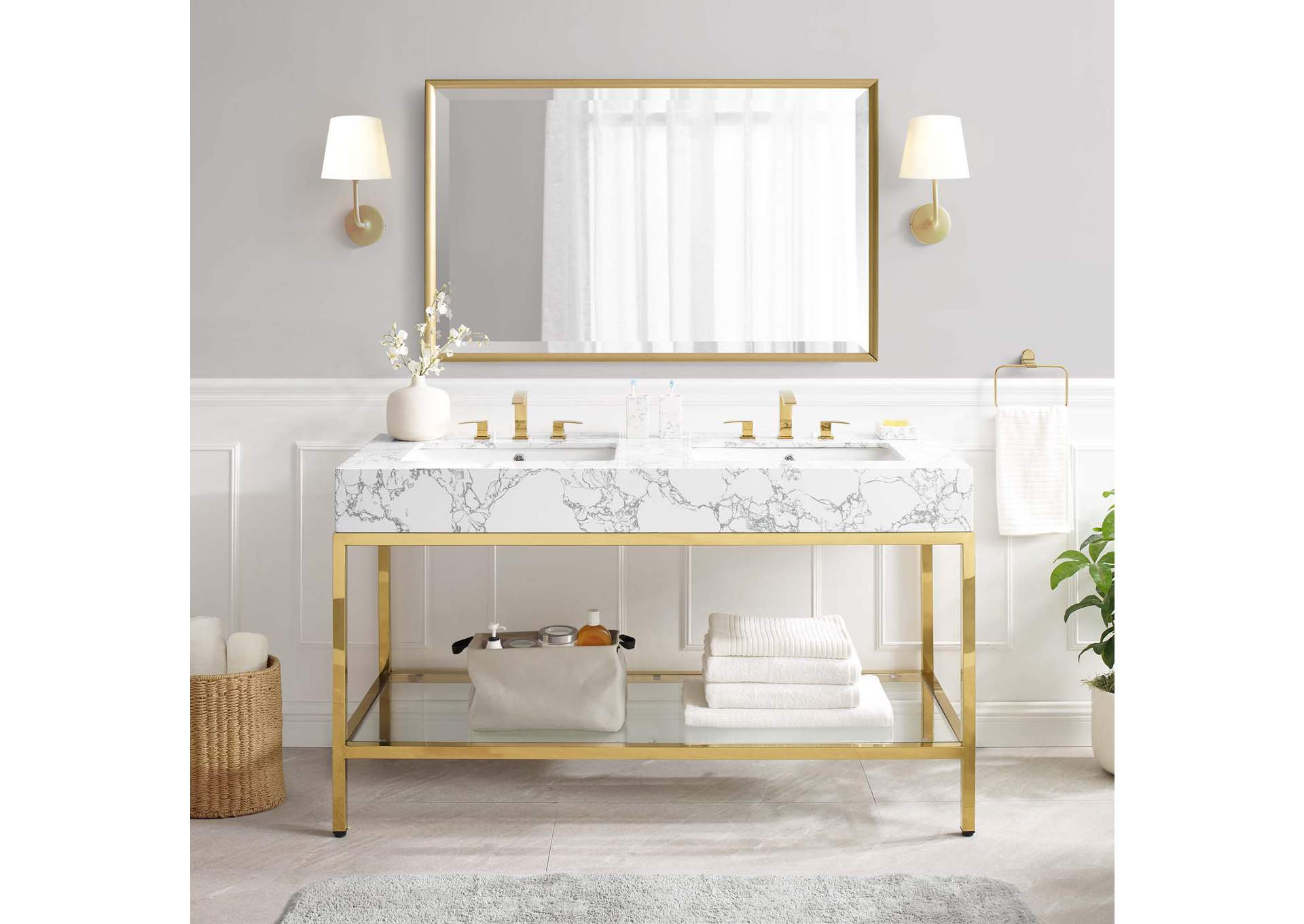 Gold White Kingsley 60" Gold Stainless Steel Bathroom Vanity,Modway