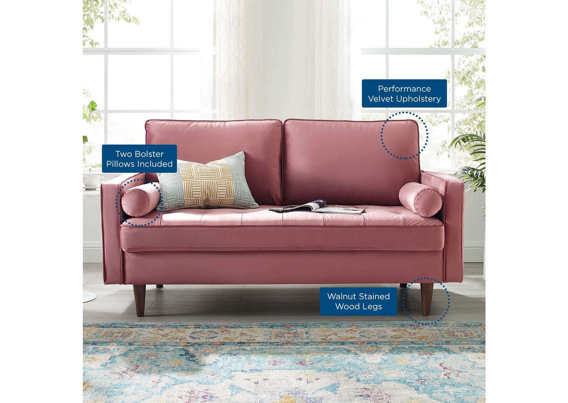 Dusty Rose Valour Performance Velvet Loveseat,Modway