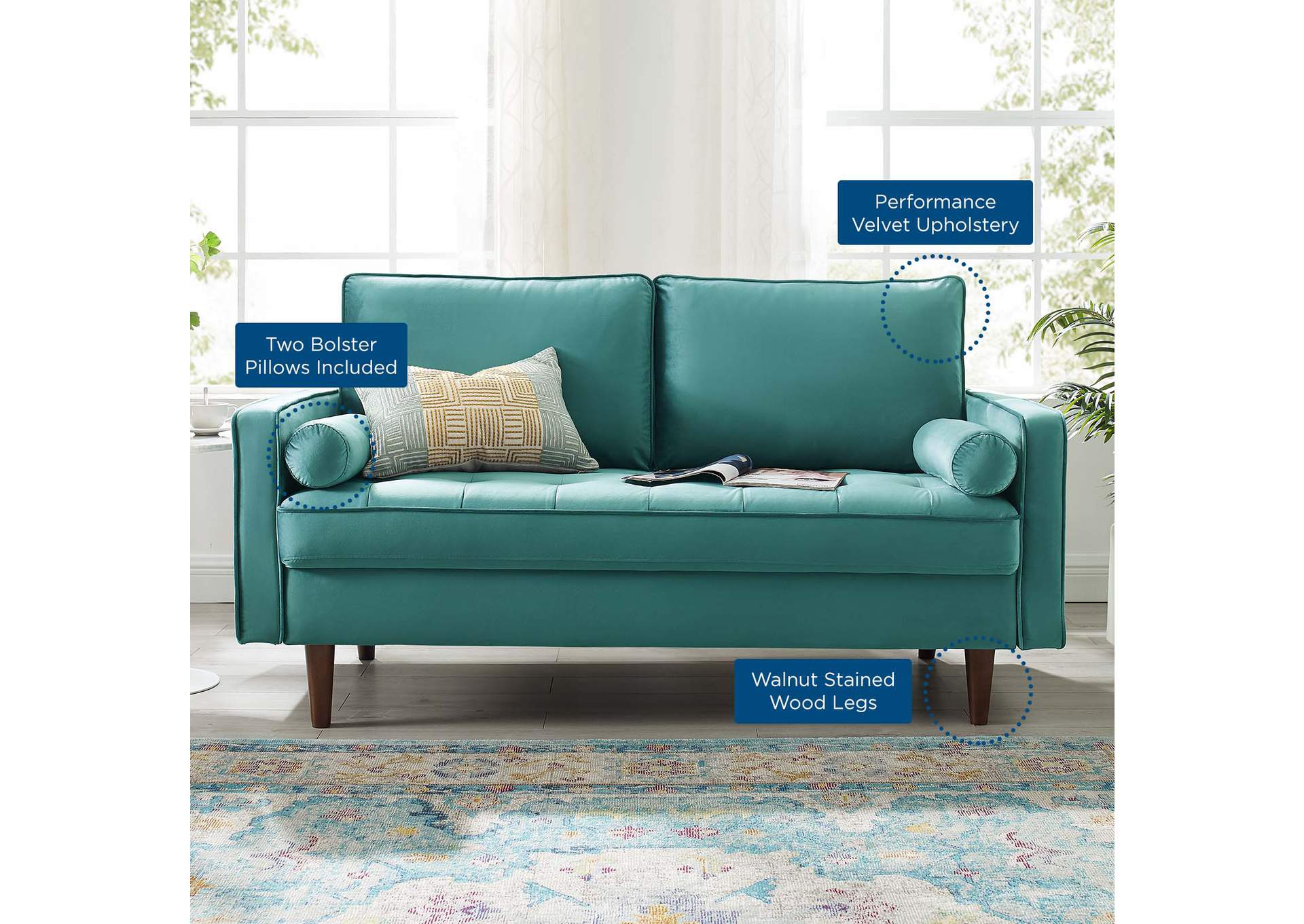 Teal Valour Performance Velvet Loveseat,Modway