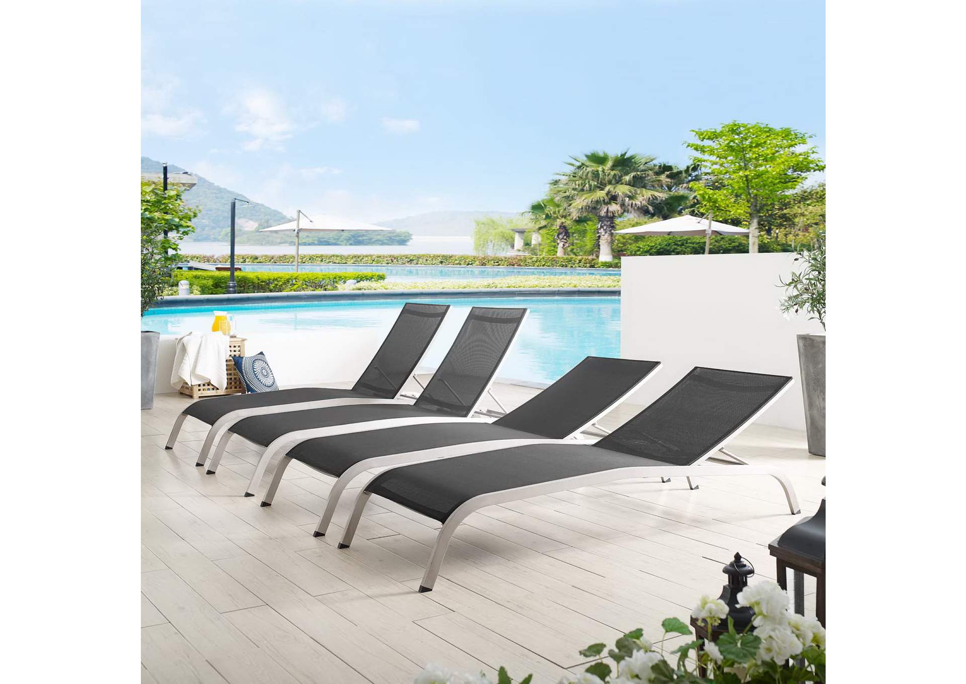 Black Savannah Outdoor Patio Mesh Chaise Lounge [Set of 4],Modway