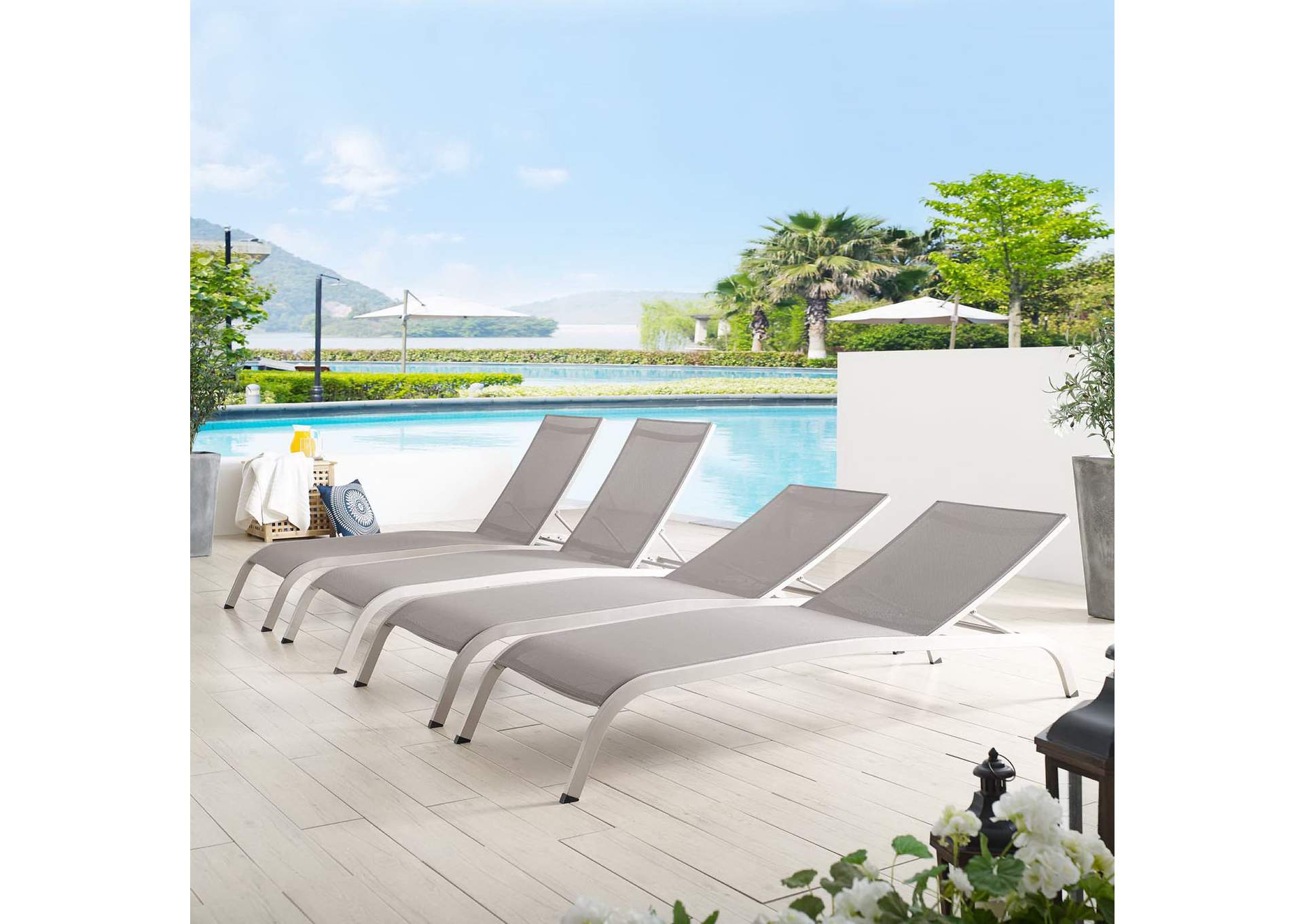 Gray Savannah Outdoor Patio Mesh Chaise Lounge [Set of 4],Modway