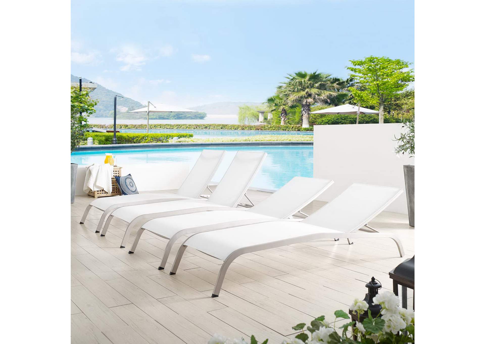 White Savannah Outdoor Patio Mesh Chaise Lounge [Set of 4],Modway
