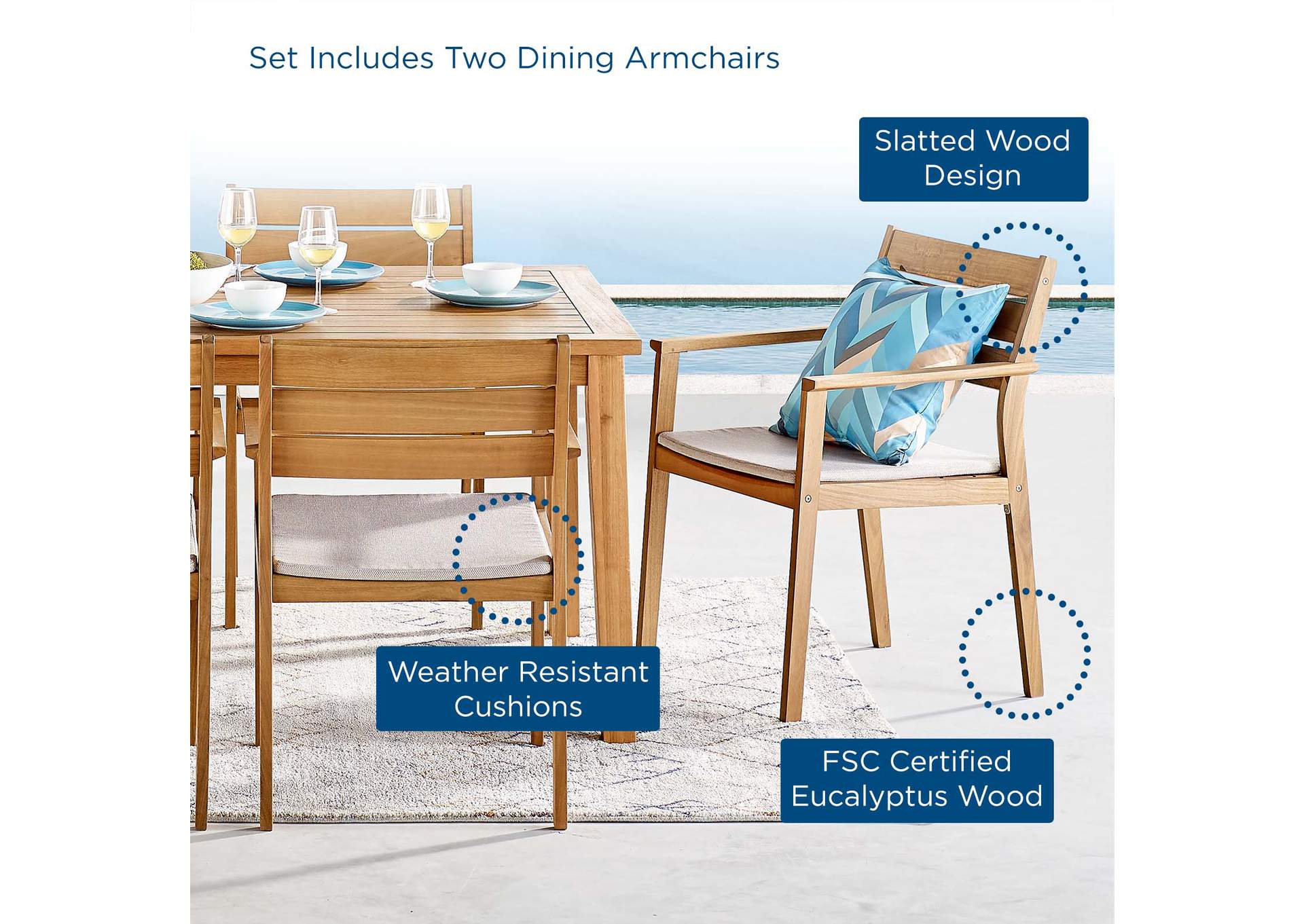 Natural Taupe Viewscape Outdoor Patio Ash Wood Arm Dining Chair [Set of 2],Modway