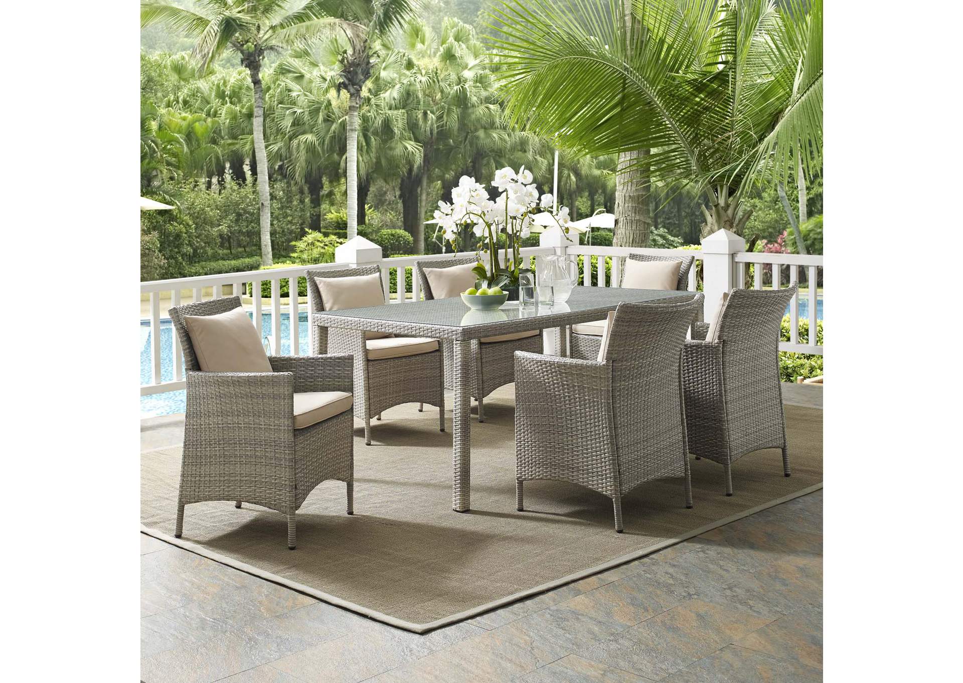 Light Gray Beige Conduit 7 Piece Outdoor Patio Wicker Rattan Dining Set,Modway