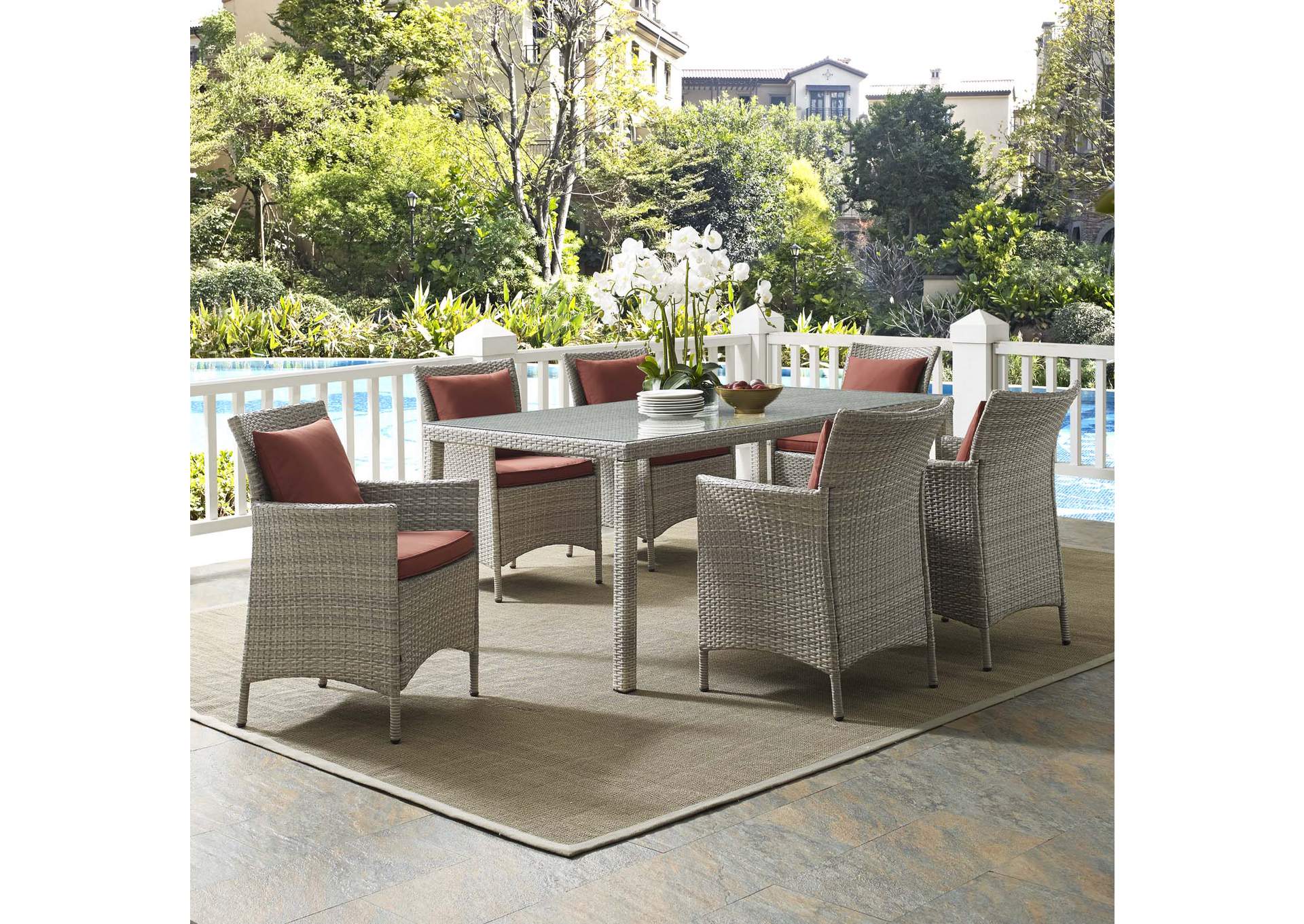 Light Gray Currant Conduit 7 Piece Outdoor Patio Wicker Rattan Dining Set,Modway
