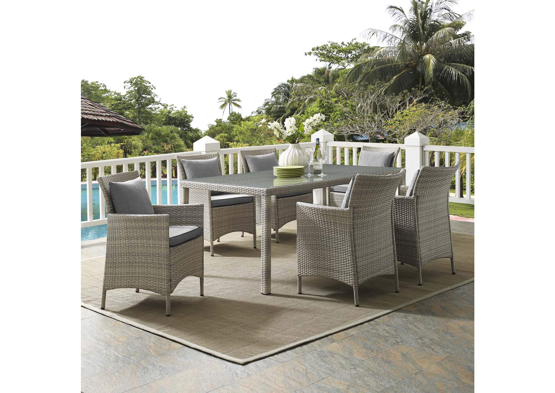 Light Gray Gray Conduit 7 Piece Outdoor Patio Wicker Rattan Dining Set,Modway