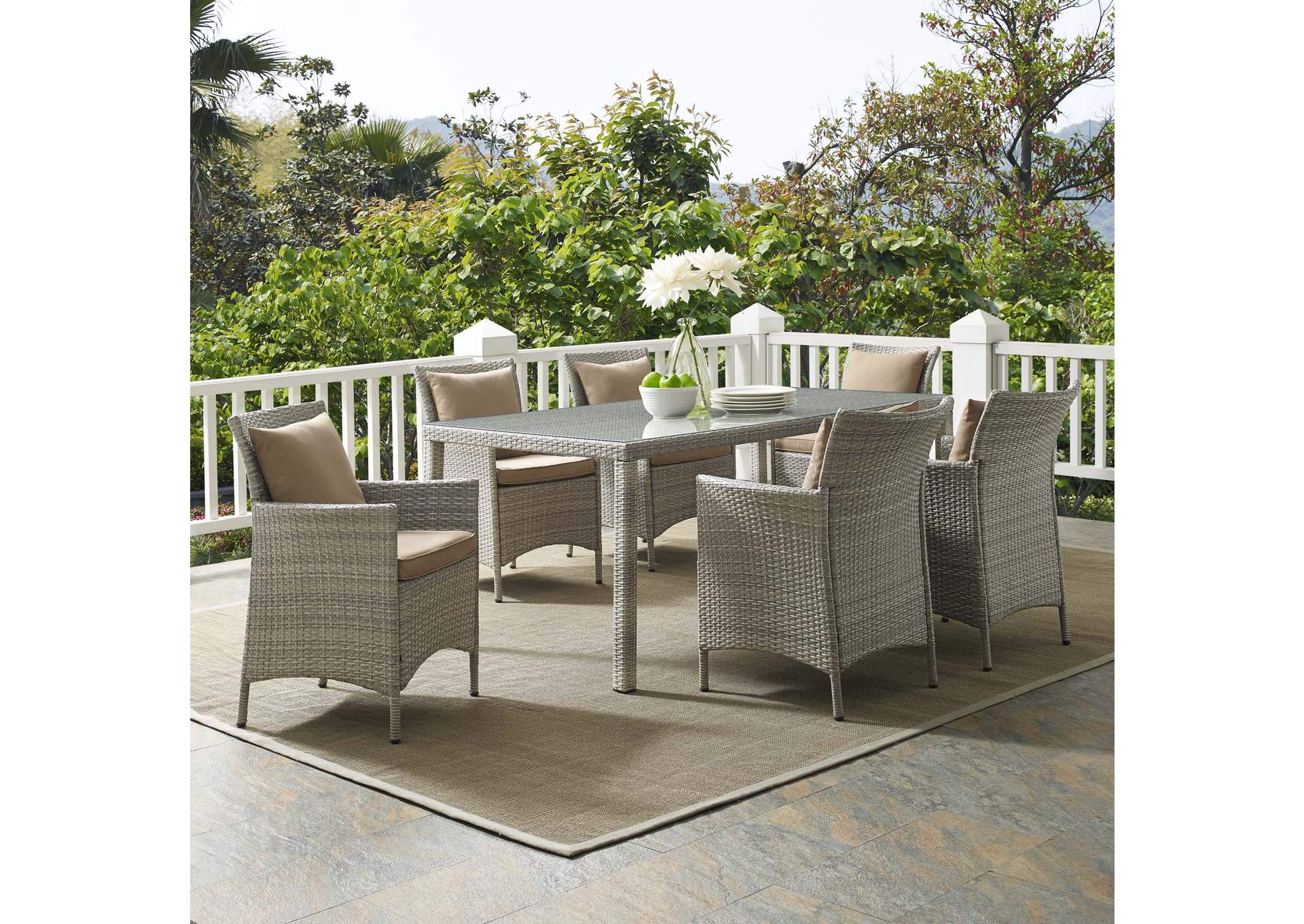 Light Gray Mocha Conduit 7 Piece Outdoor Patio Wicker Rattan Dining Set,Modway