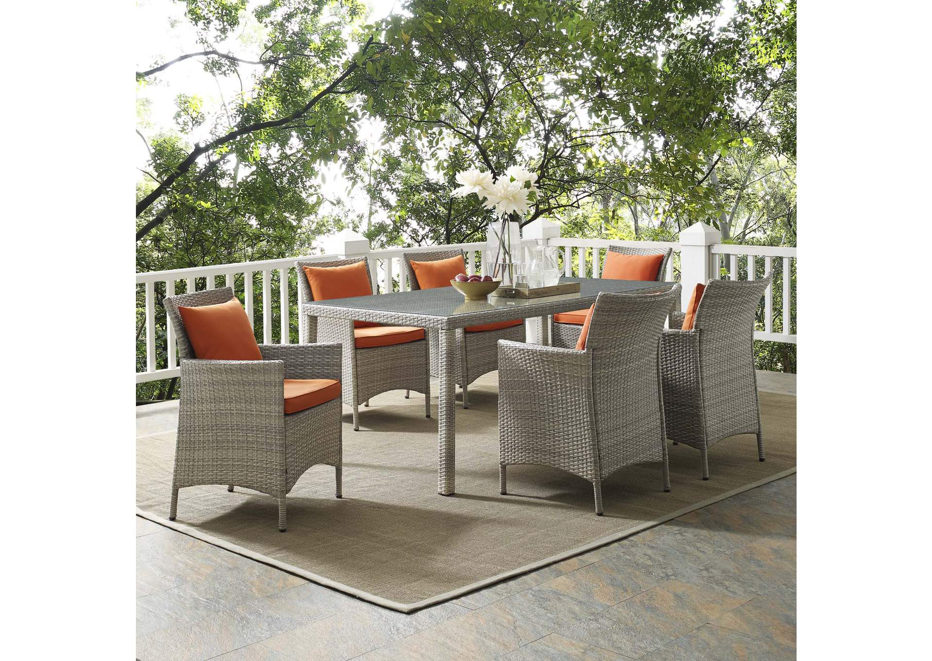 Light Gray Orange Conduit 7 Piece Outdoor Patio Wicker Rattan Dining Set,Modway
