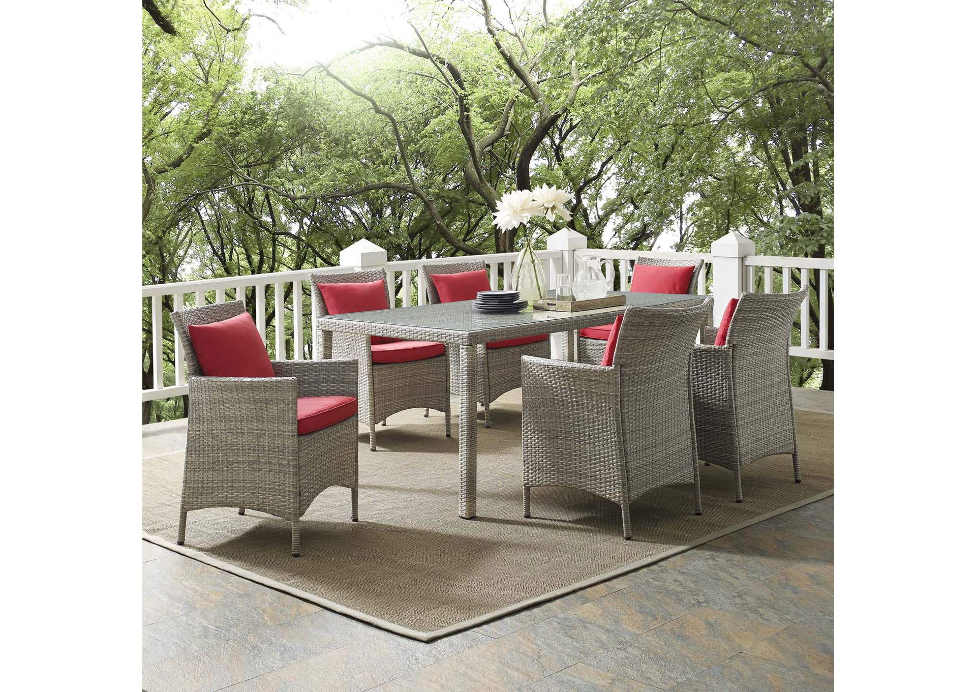 Light Gray Red Conduit 7 Piece Outdoor Patio Wicker Rattan Dining Set,Modway