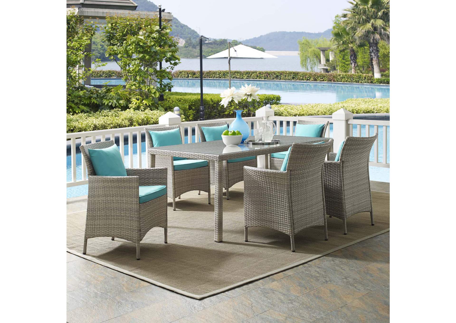 Light Gray Turquoise Conduit 7 Piece Outdoor Patio Wicker Rattan Dining Set,Modway
