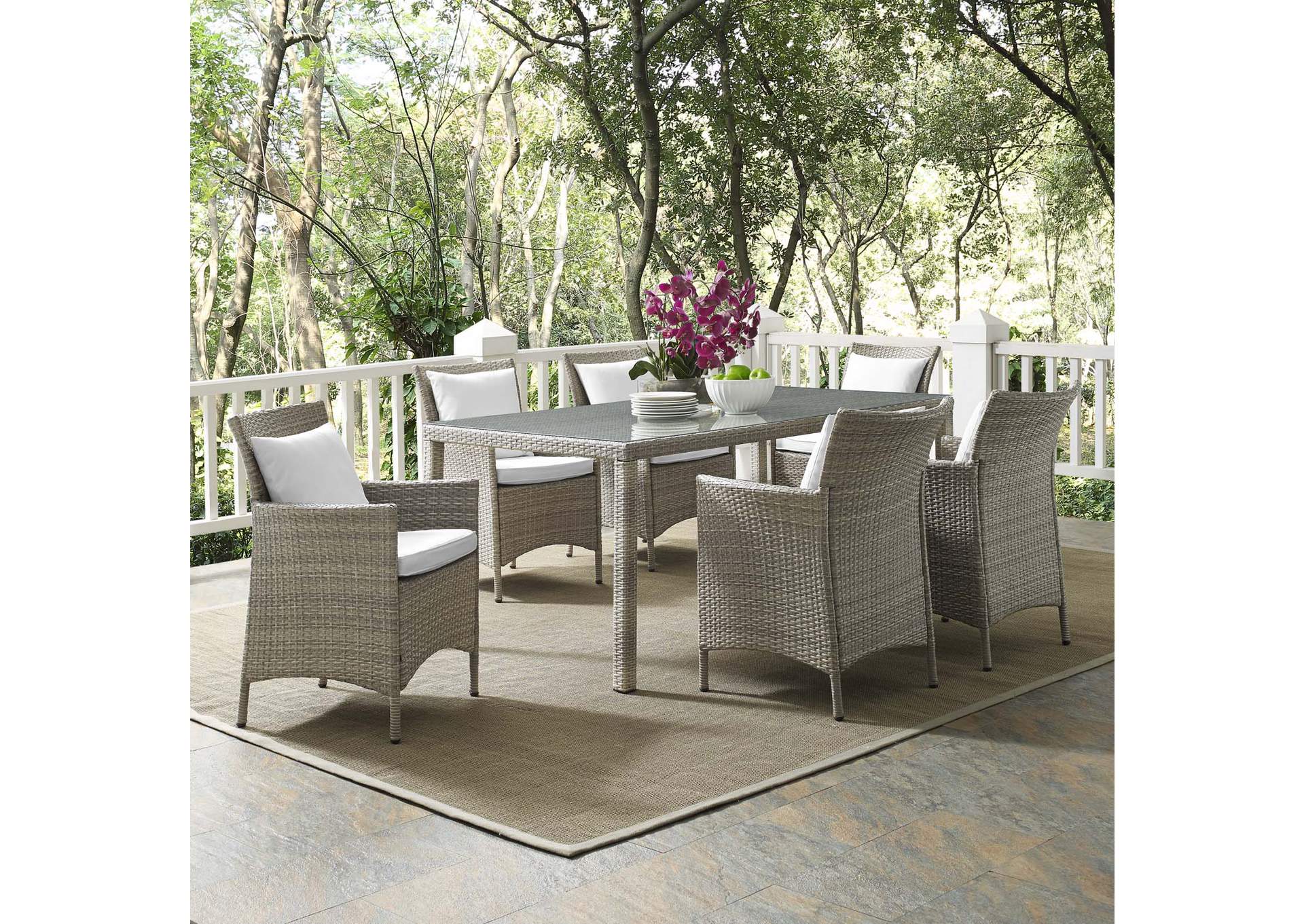 Light Gray White Conduit 7 Piece Outdoor Patio Wicker Rattan Dining Set,Modway