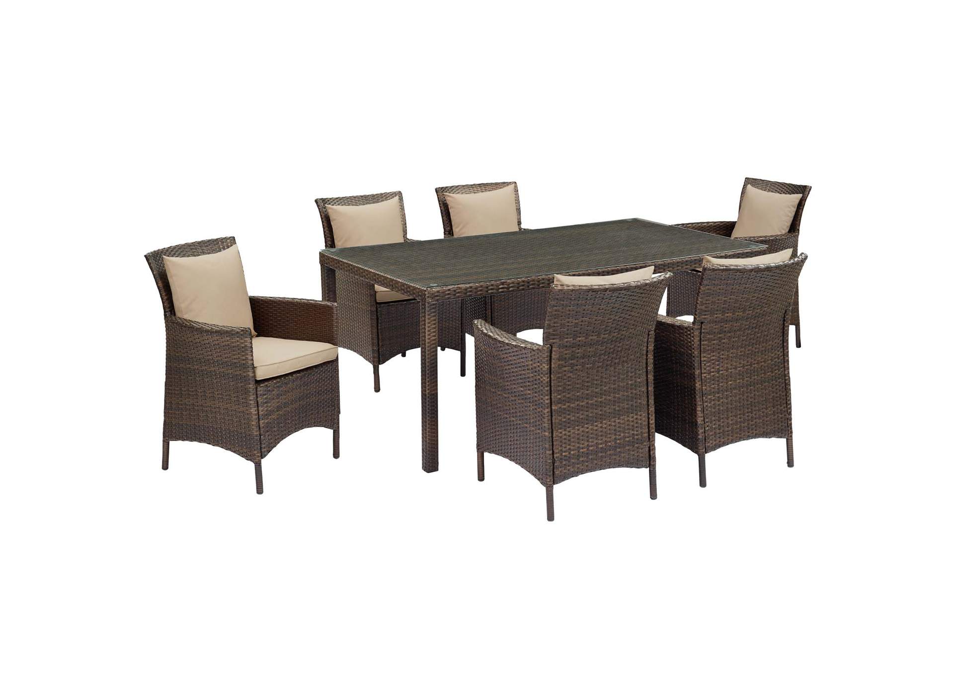 Brown Beige Conduit 7 Piece Outdoor Patio Wicker Rattan Dining Set,Modway