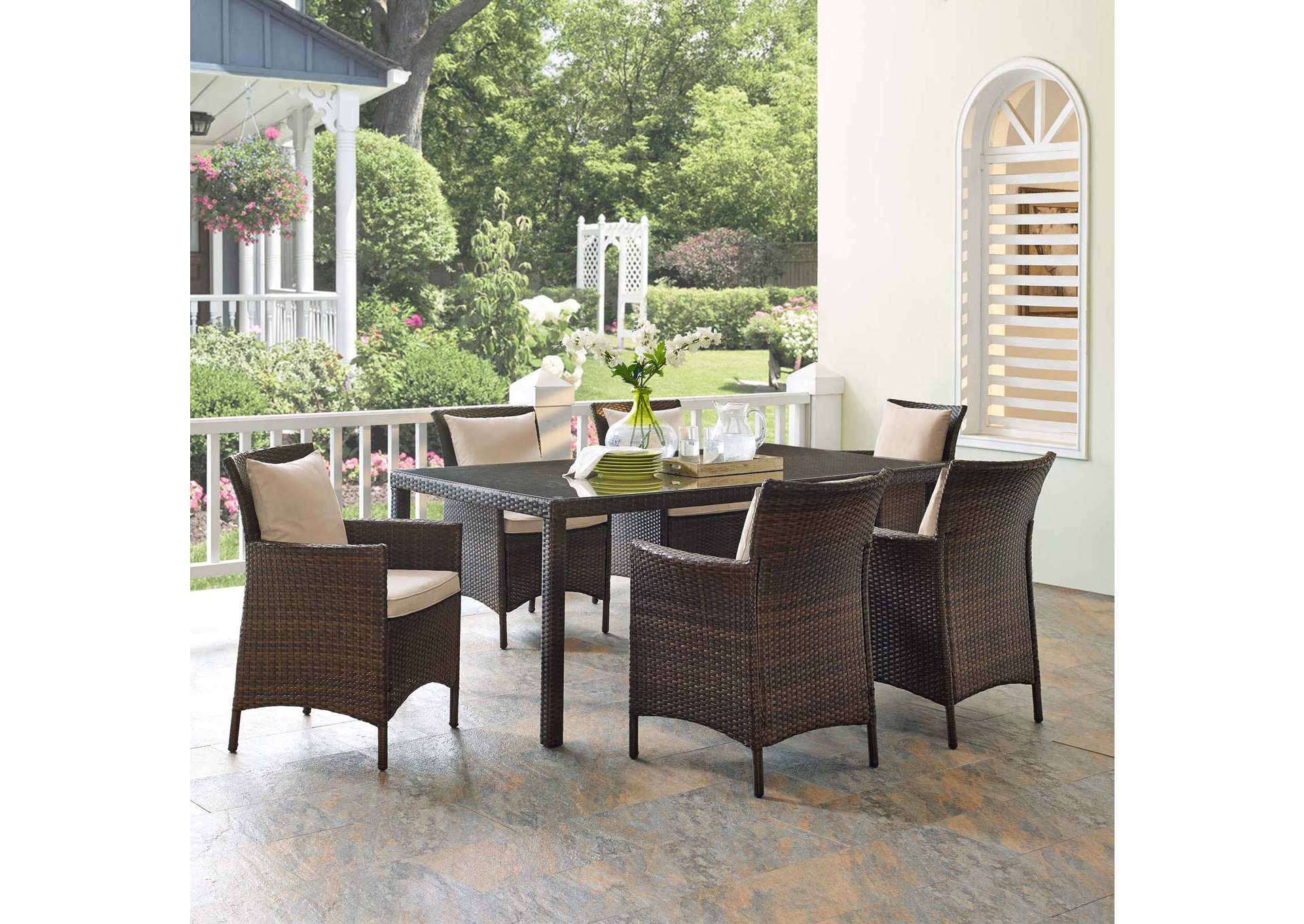 Brown Beige Conduit 7 Piece Outdoor Patio Wicker Rattan Dining Set,Modway